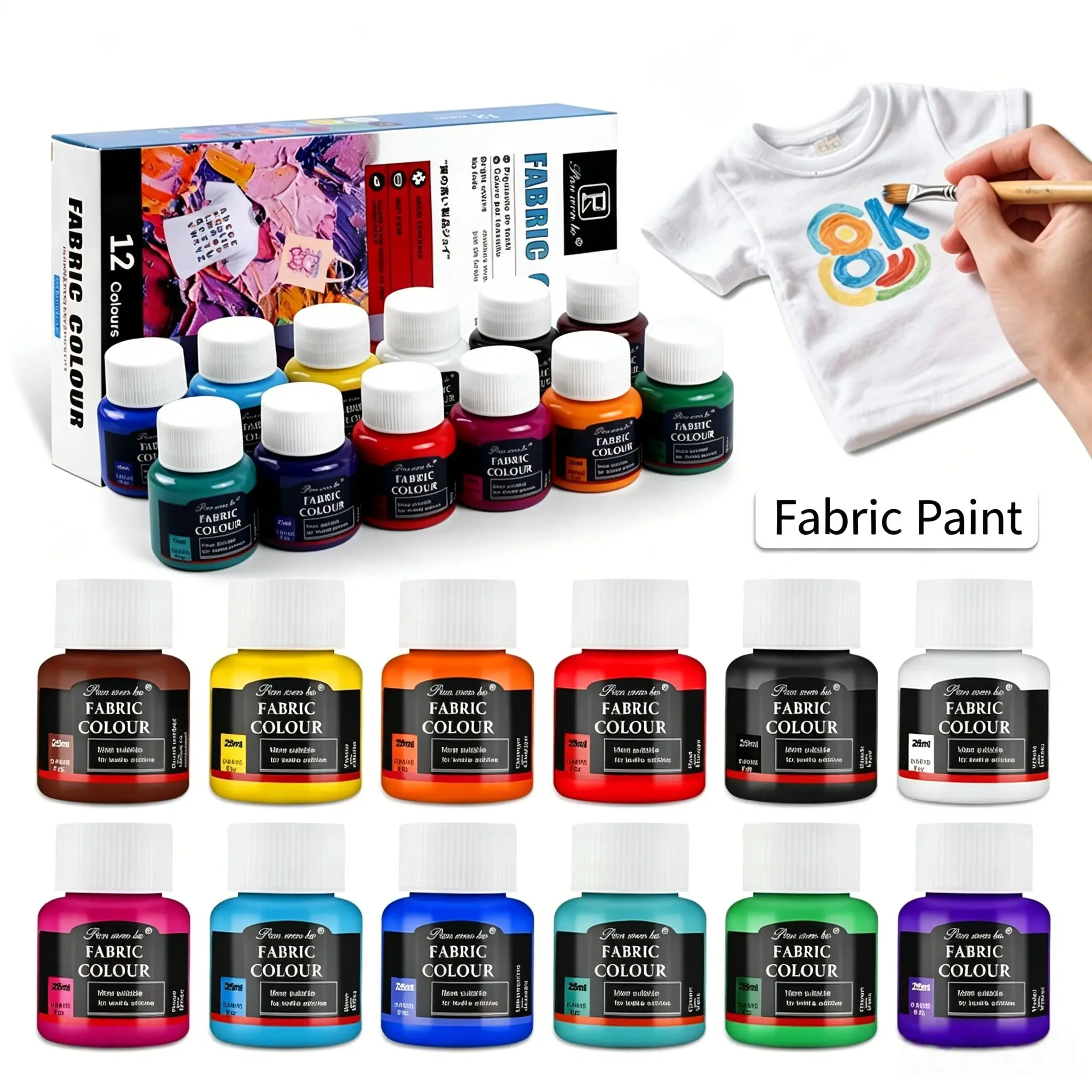 12 Colors 25ml Wash-resistant Fabric Paint Set, Crafts Art Supplies Kit, Textile Pigment for DIY Painting on T-Shirts, Canvas Shoes, Tote Bags, Pillow Covers, Tablecloths & Canvas Art, Works on Cotton Linen Denim, Art Craft Paint with Paintbrush