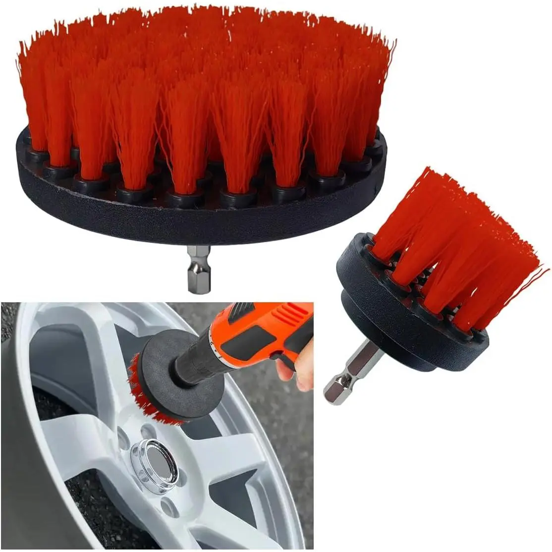 2 count  Detailing Drill Brush Set, 2" & 4" Power Carpet , Nylon Bristle Wheel Cleaner Brush with Drill Attachment,  Wash Cleaning Kit for Floor Mats, Bathroom (Red)