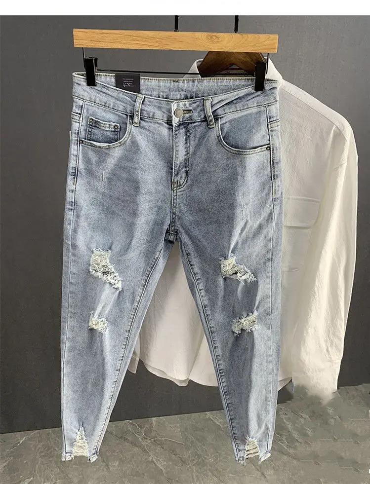 Men's Shaved Trendy Ripped Jeans Ruffian Handsome Summer Slim-fitting Pants Trendy Brand Man Clothes Designer Beggar Pants Men