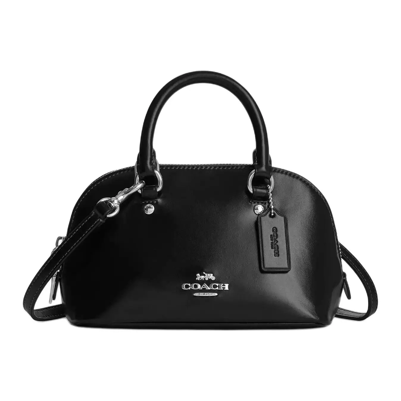 COACH Satchel Lara 22 Mini Crossbody Handbag for Women, Silver Letter Charm, Genuine Leather, Black