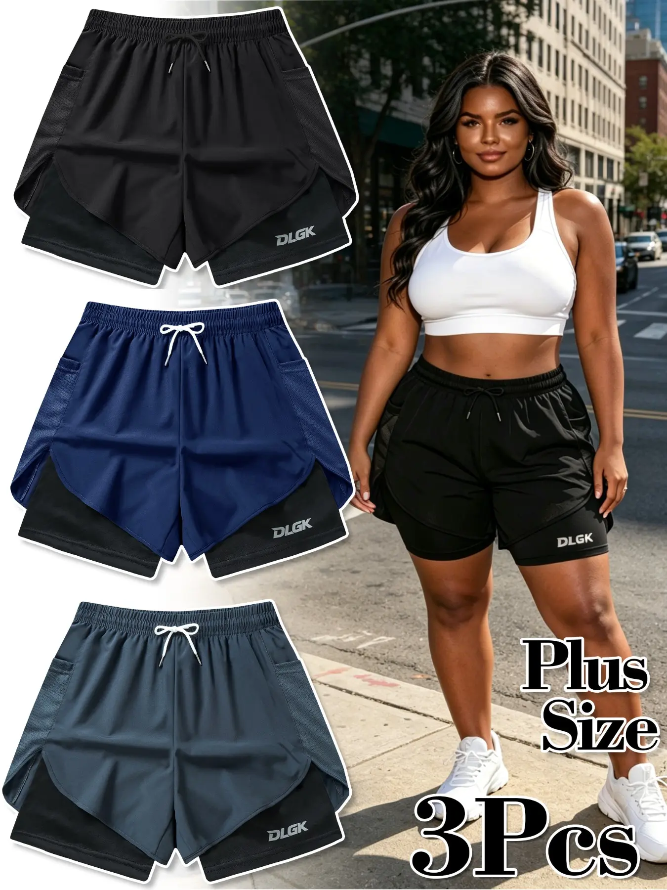 DLGK Women's Plus Size Elastic Waist Drawstring Sporty Shorts, Athleisure Shorts, Activewear Shorts, Comfortable Loose-Fitting Gym Wear, Ideal for Daily Activities