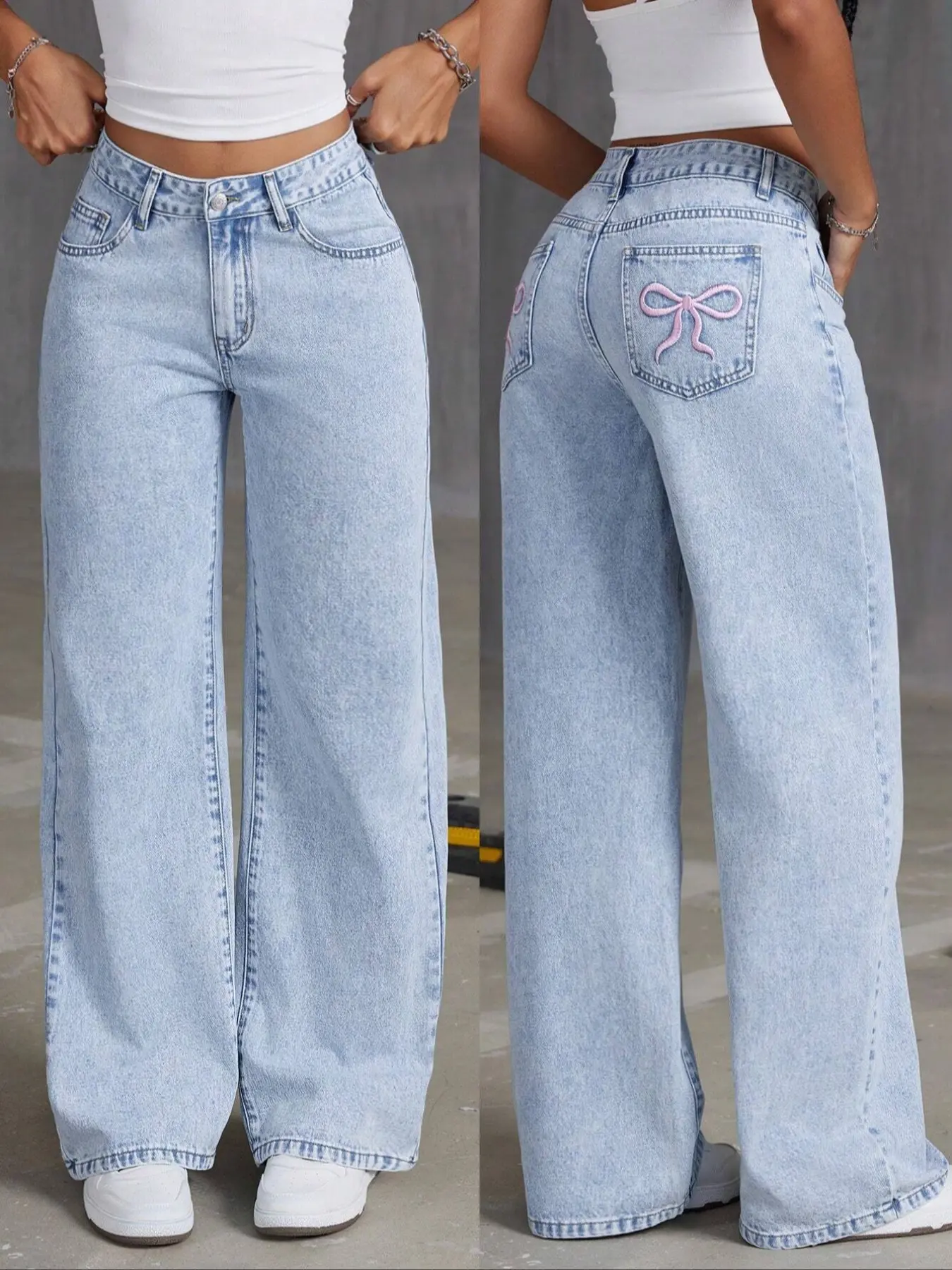 Light Blue Light Wash Embroidered Denim Jeans, Loose Fit High Waist Wide Leg Jeans, Casual Fashion for All Seasons, Women's Stylish Clothing Bottoms