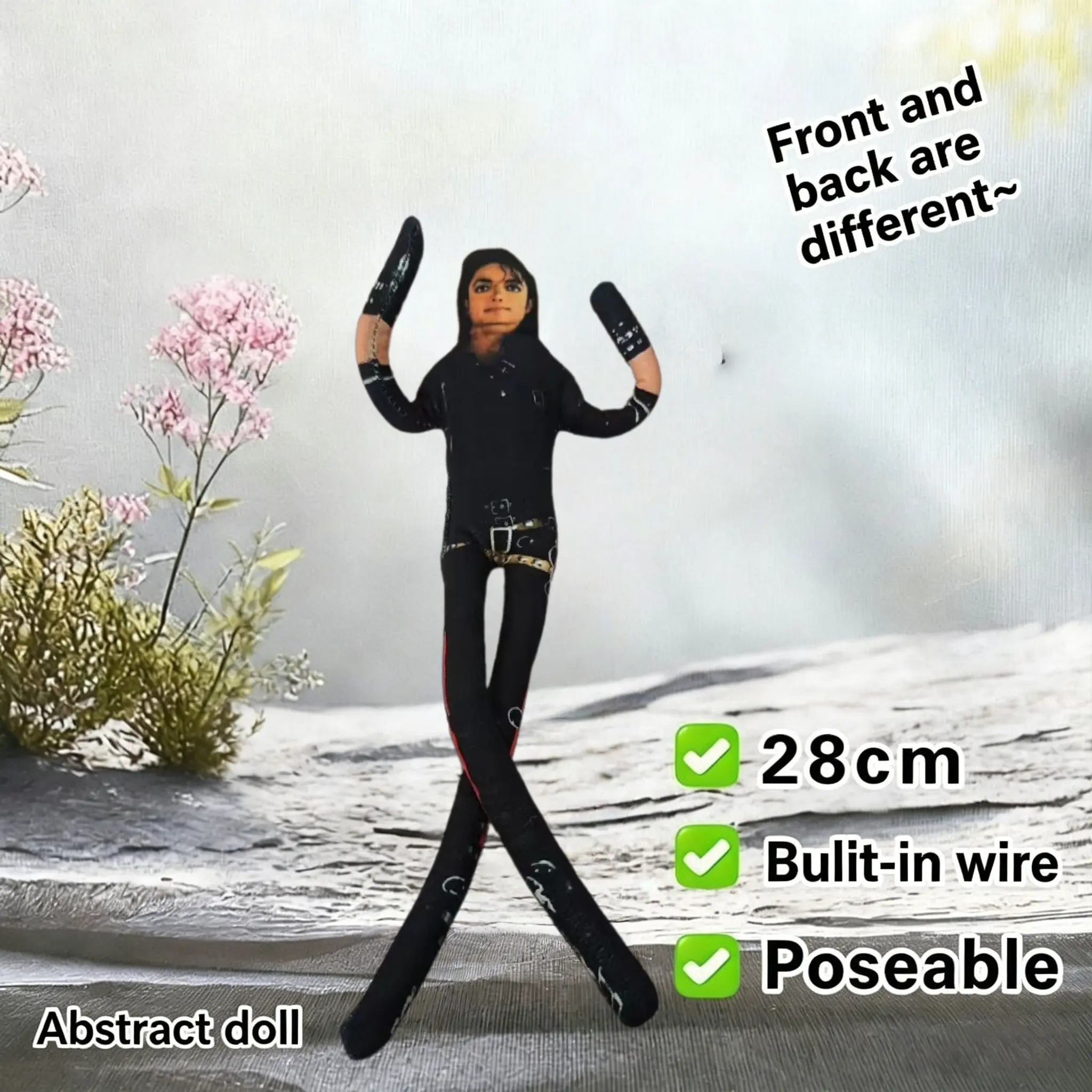 28cm Abstract Bendable Michael Jackson Plush Doll, Poseable Figure with Iron Wire Skeleton, Double-Sided Print Stuffed Toy, Gift for Music Fans, Home Decor