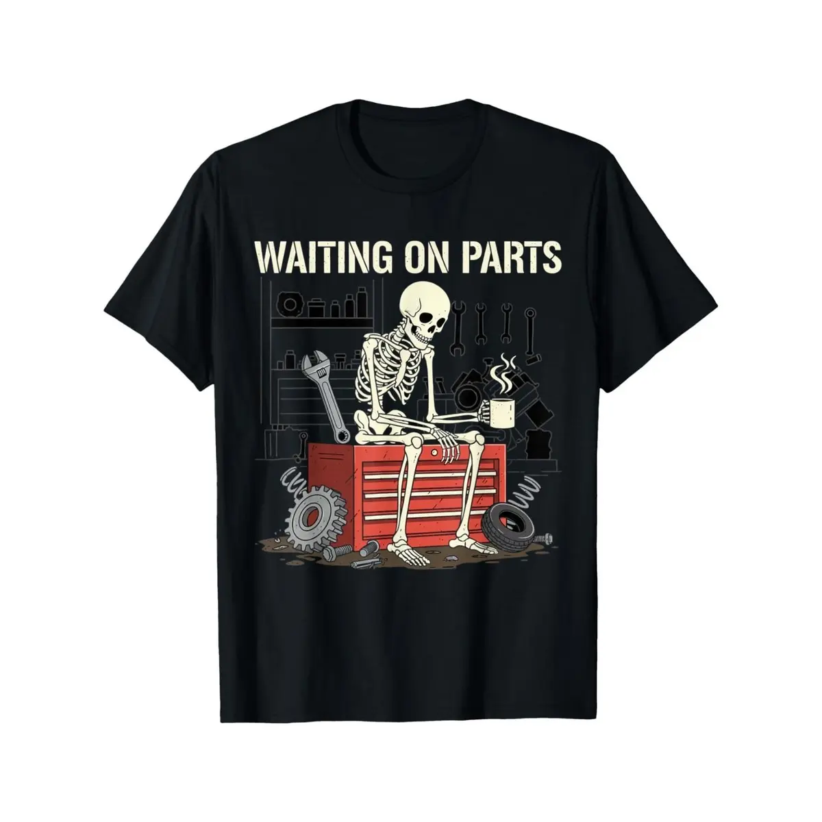 Waiting On Parts Funny Skeleton Auto Mechanic Technician T-Shirt For Men Women,Couple  Trendy Tops Short Sleeve, Street Style, Comfort Tee, Casual Summer Tee, Must.Have Fashionable Tee,back to school,back to school shopping