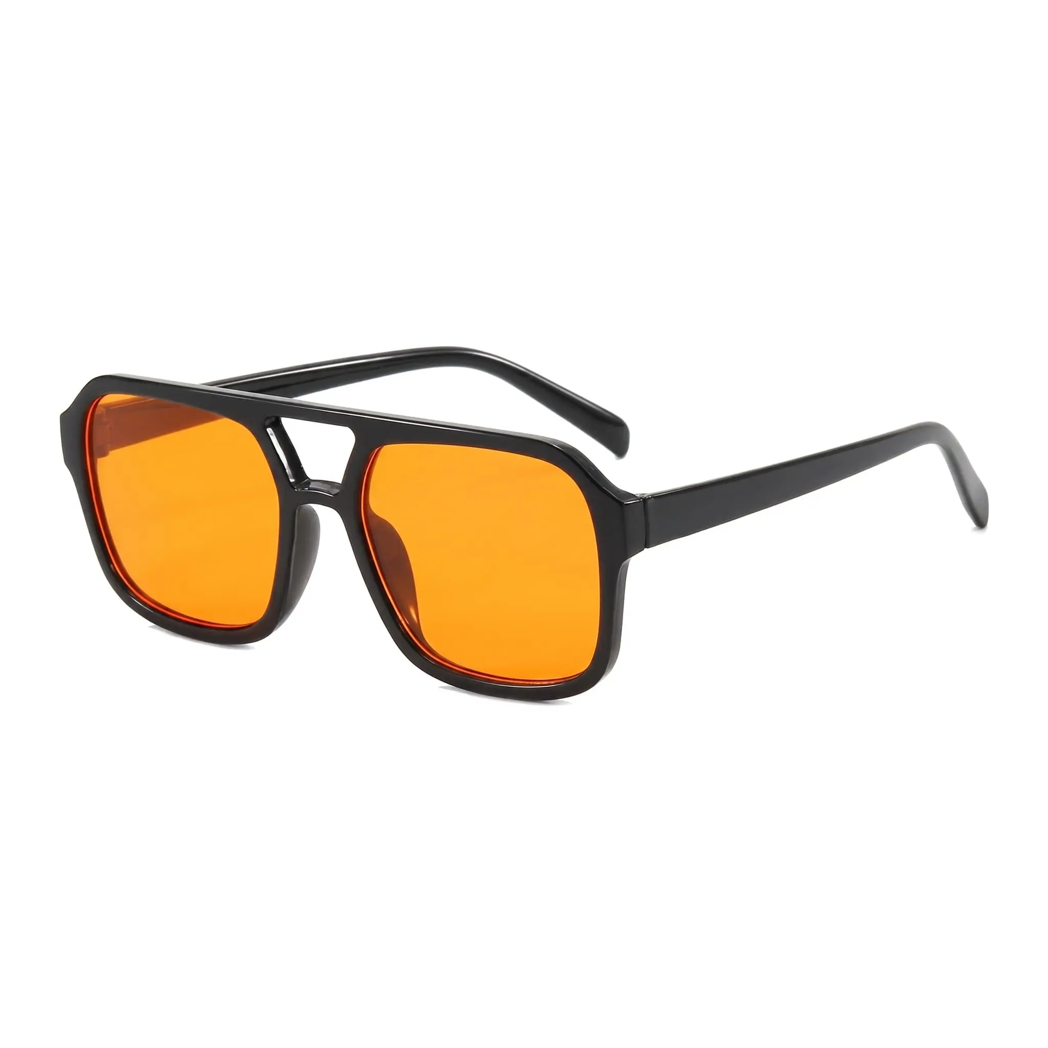 Unisex 70s Vintage Double-Bridge Square Sunglasses - Retro Navigator Aviator Shades with Amber Tinted Lenses, Premium Eyewear for Men & Women Driving & Streetwear