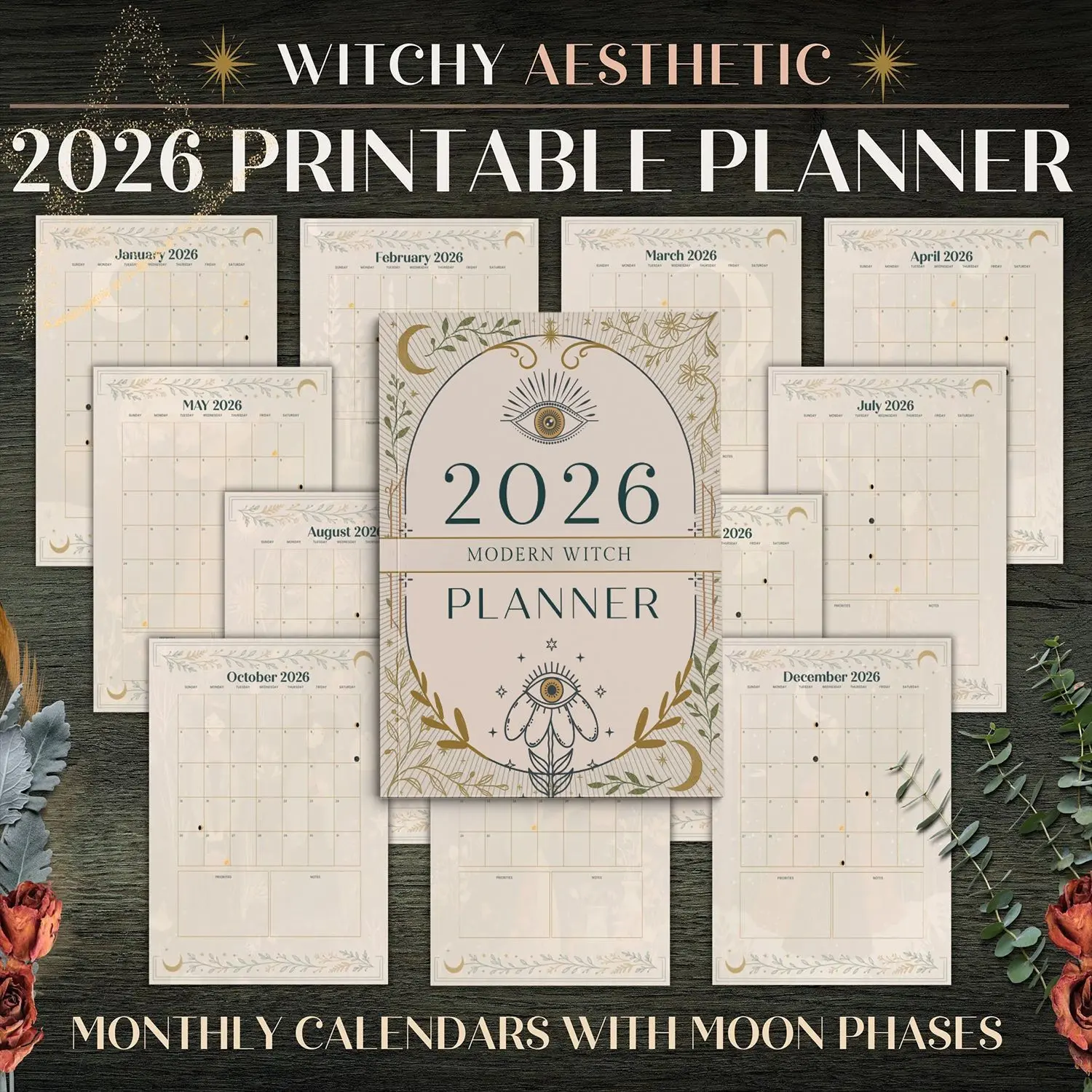 Modern Witch Planning Coil Notebook, Vintage Gold Star Moon Plant Mystical Style, Lunar Phase Tracking, Tarot Divination, Spiritual Journal, Journaling Notebooks