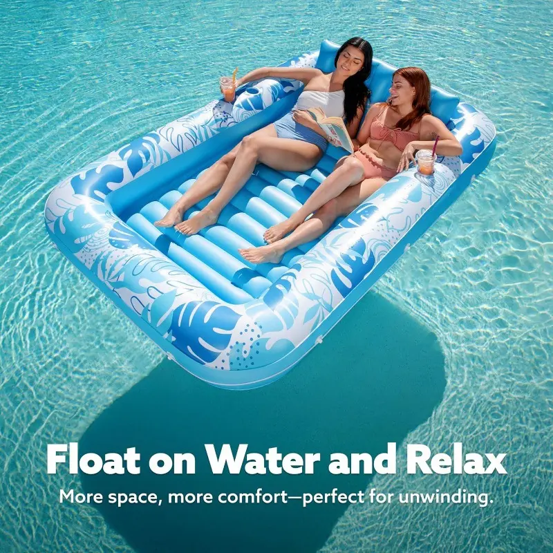 Inflatable Tanning Pool Lounge Float with Cup Holder, Pool Float Lounger, 70"x46" Extra Large Pool Float for Adults with Pillow, 4-in-1 Suntan Tub Raft, Sunbathing Bed Blow Up Party Gift, Portable Pool Float