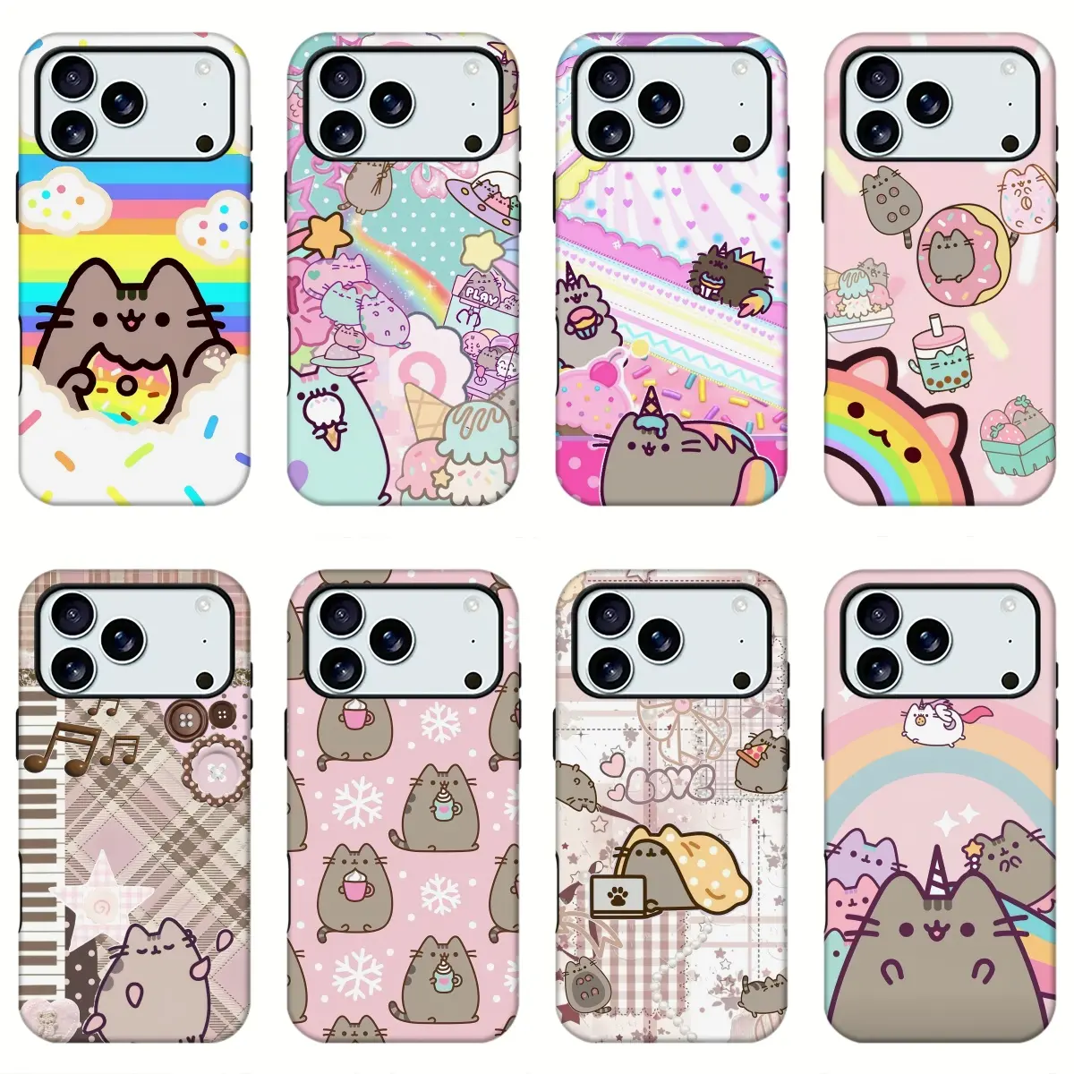 Pusheen Cute Fat Cat Cartoon Print Phone Case, Rainbow Donut Sweet Dessert Pastel Kawaii Style Shockproof Trendy Protective Mobile Phone Shell for iPhone11 12 13 14 15 16 17pro max and Samsung S21-S26 .Perfect for Her/HimGirly Phone gift