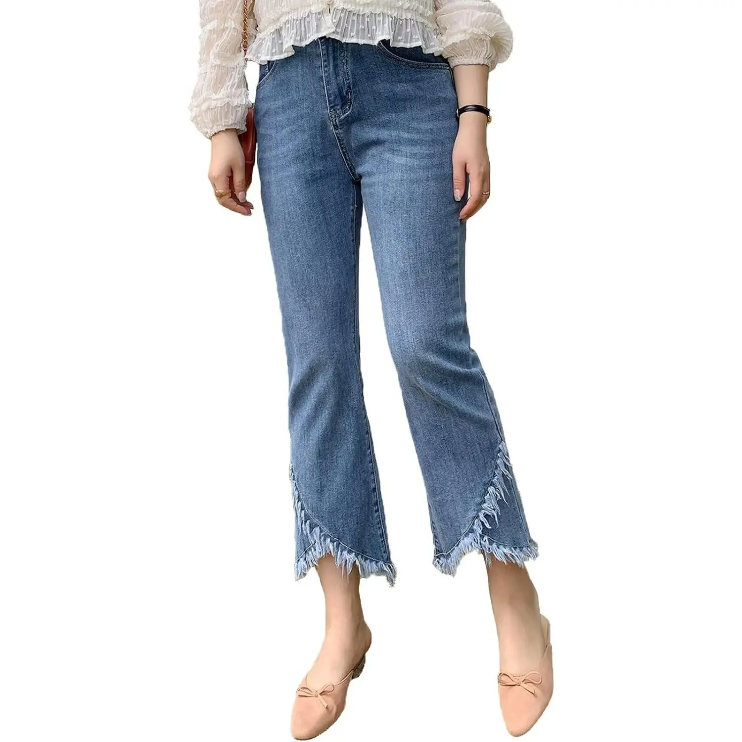 Womens Stretch Cropped Fringe Jeans Distressed and Ripped Denim Jeans Tassel Denim Pants with Frayed Hem