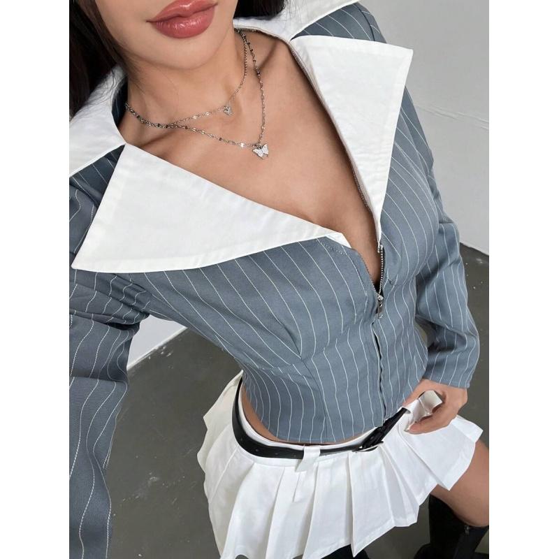 Sexy Striped Zip Up Shirt Vintage Office Siren Crop Blouse Slim Fit Long Sleeve Top,deep V zip-up design,Sexy vintage striped blouse