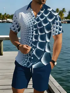 Men's Gradient Snake Scale Geometric Print Short Sleeve Shirt and Solid Shorts Set, Casual Beach Vacation, Two-Piece Ensemble