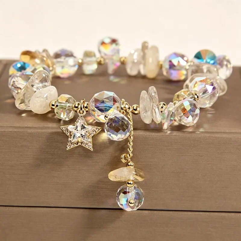 Y2K Aesthetic Crystal Charm Bracelet for Women, Fairycore Gold Star Pendant Stretch Bracelet with Sparkling Zircon Details, Lightweight Adjustable Celestial Jewelry for Prom, Graduation, Music Festival, Birthday Gift & Valentine's Day
