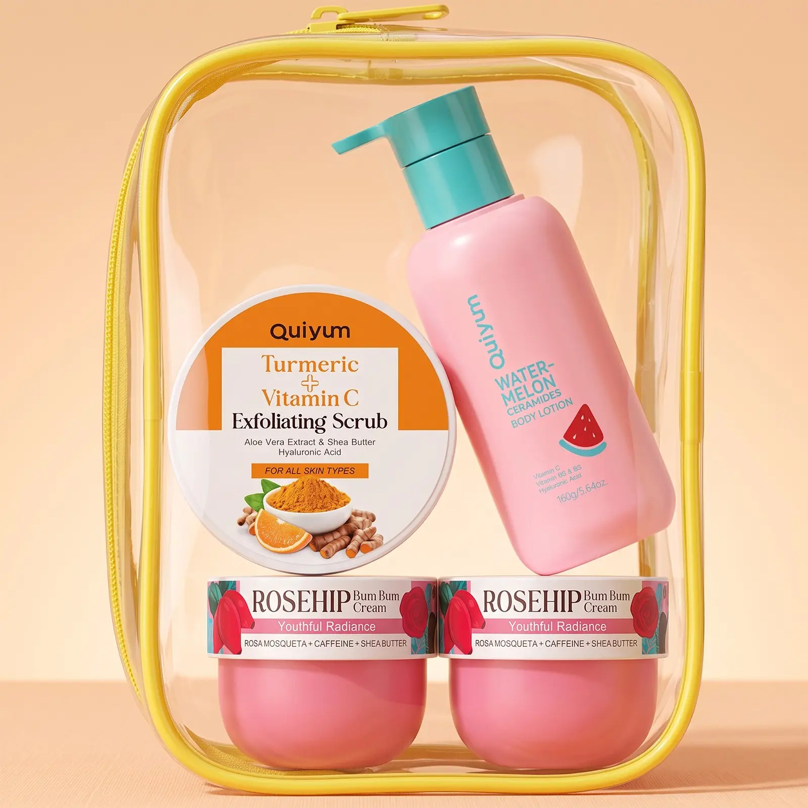 QUIYUM Body Care Sets - Skin Care Set - Turmeric Vitamin Scrub, Watermelon Body Lotion, Rosehip Bum Bum Cream, 5pcs - Gift Set for Women - Ideal for Beauty Gifts Birthday Christmas Mother's Day Valentine