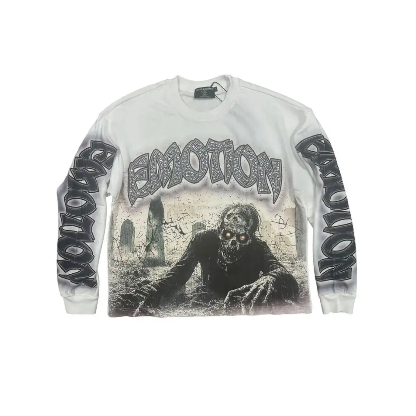 MIXED EMOTION Mens Zombie Graveyard Graphic Long Sleeve T Shirt Heavy Rhinestone Emotion Y2K Grunge Streetwear Gothic Hip Hop Unisex Oversized Faded Crewneck Tee Top