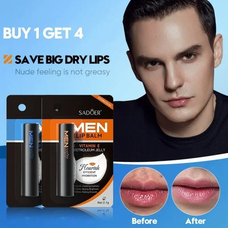[BUY 1 GET 4]SADOER Men Vaseline Lip Balm 4PCS Set, Non-Greasy Long Lasting Hydration, Hydrating, Repair Dry Crack Dark Peeling Lips, Reduce Lip Lines Brighten Lip Tone, Matte Clear Male Lip Care Balm Daily Moisturizing 2.7g*4