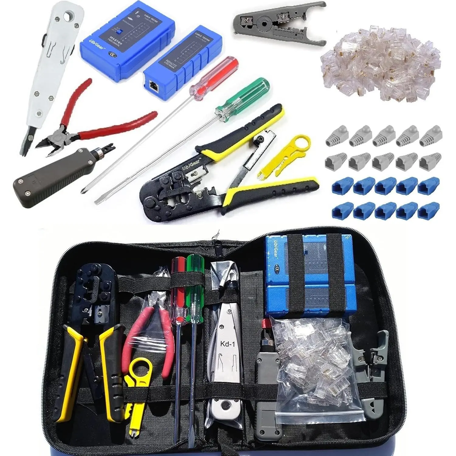 ® Network/Phone  Tester + RJ11/RJ12/RJ45 Network   + RJ45 CAT5e Connectors Plugs/Boots Stripper Network Tool Kits ( 568 Tool Kits)