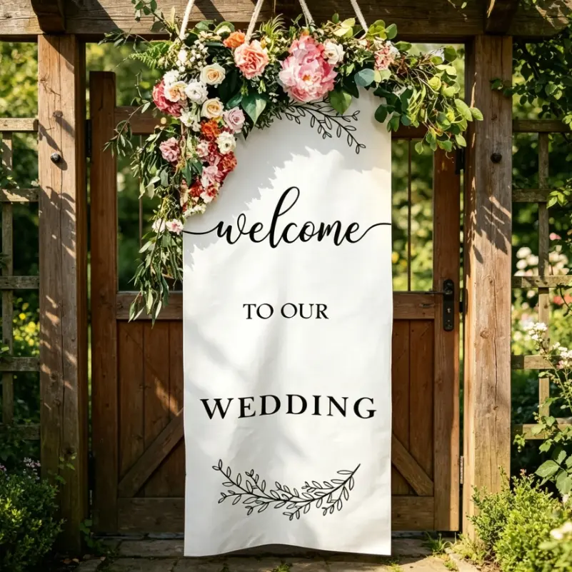 Wedding Linen Country Style Welcome Banner, Simple Ceremony Background, Includes Ribbon and Clips, Perfect for Arch and Banquet Backdrop, Wedding Party Backdrop