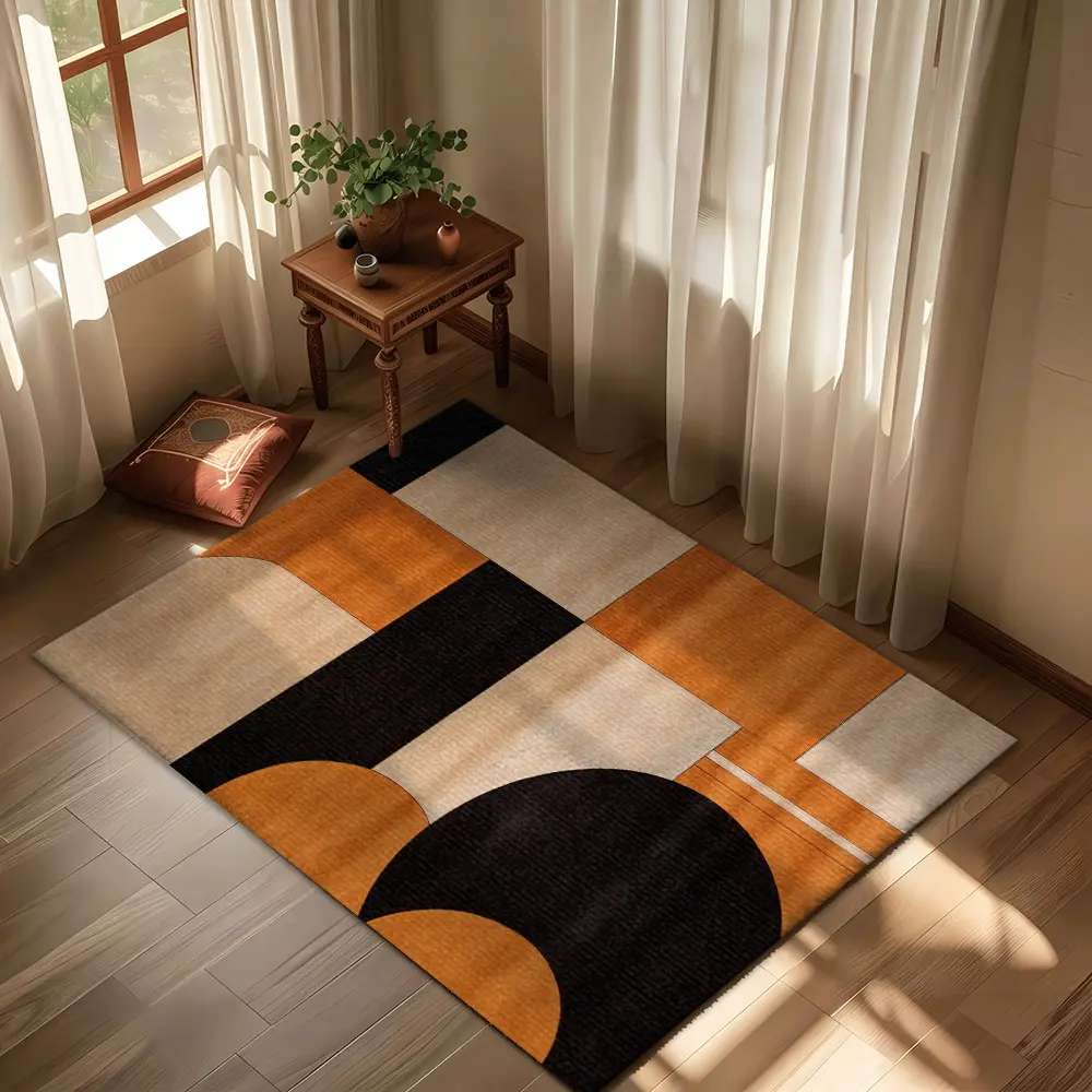 Orange Beige Black Geometric Block Semi Circle Crystal Velvet Mid Century Modern Anti Slip Living Room Rug #MidCenturyGeometricRug #OrangeBlockFloorMat #CrystalVelvetRetroCarpet #AbstractArcHomeDecorMat