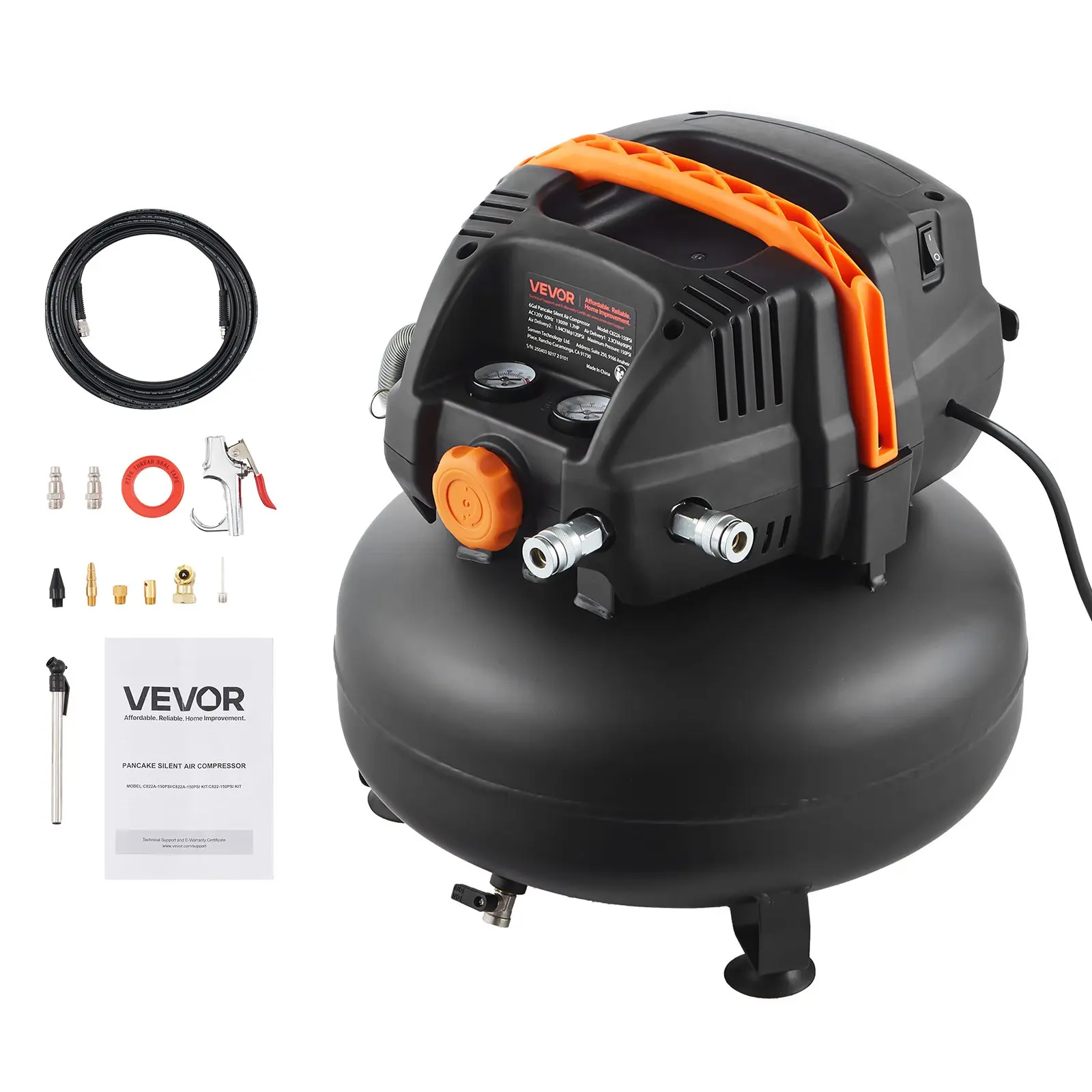 VEVOR 6 Gallon Air Compressor, 1.7HP 2.3CFM@90PSI Portable Pancake Air Compressor & 150PSI Max Pressure, 12-Piece Accessory Kit with 50FT Air Hose for Tire Inflation, Spray Painting, Woodwork Nailing