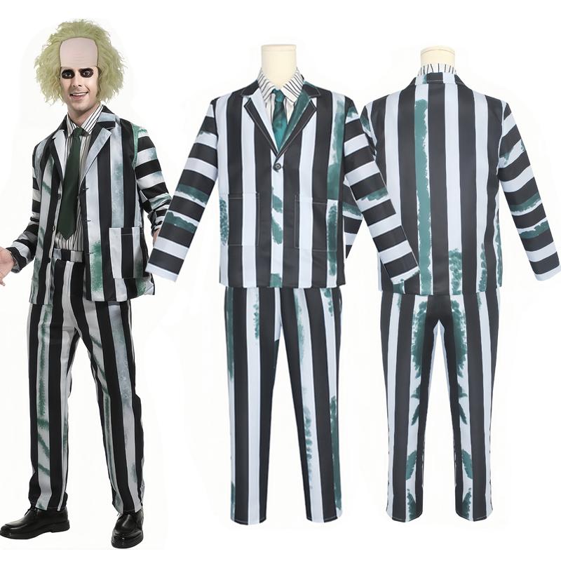 Adult Men Costume Black and White Striped Suit with Wig for Halloween Cosplay Party Outfit Horror Movie Character