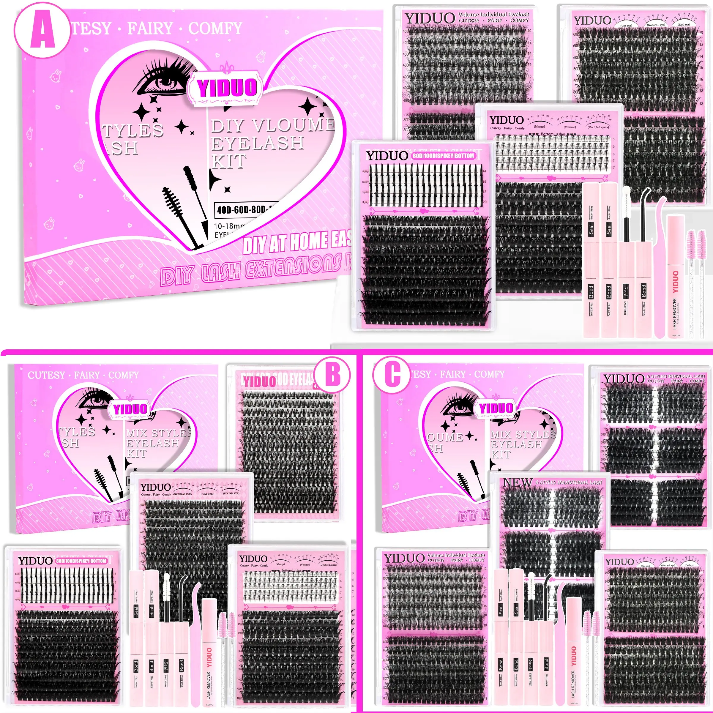 YIDUO 6/8/10Styles Lash Clusters Kit False Eyelash Extensions, Diy False Eyelashes 40D/60D/80D/Bottom Lashes 5-18mm Eyelash Extension Set 1100 Pcs D-Curl With Lash Bond & Seal x2, Lash Remover, Lash Tweezers, Eyelash Brush, Lash Glue DIY at Home