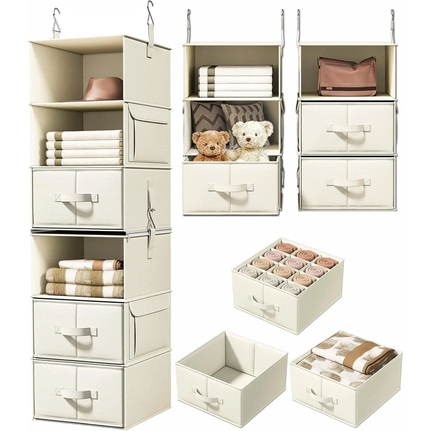 6-Shelf Hanging Closet Organizer with 3 Drawers, 2 Separable 3-Shelf Closet Organizers and Storage for Wardrobe Organization, Hanging Dresser for Nursury & Dorm Clothes Organizer, Beige