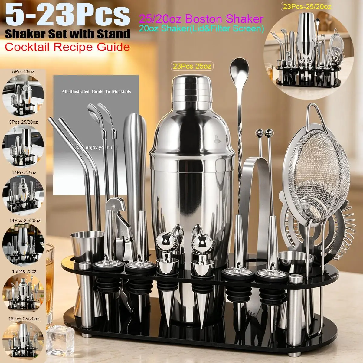 Stainless Steel Multi-Size Cocktail Shaker Set (5-23 Pieces) with Black Stand & Cocktail Recipe, 25oz Boston Type Shakers, 25/20oz Options, 750/600ml Home Bar Bartending Tools Kit, Cup, Drink