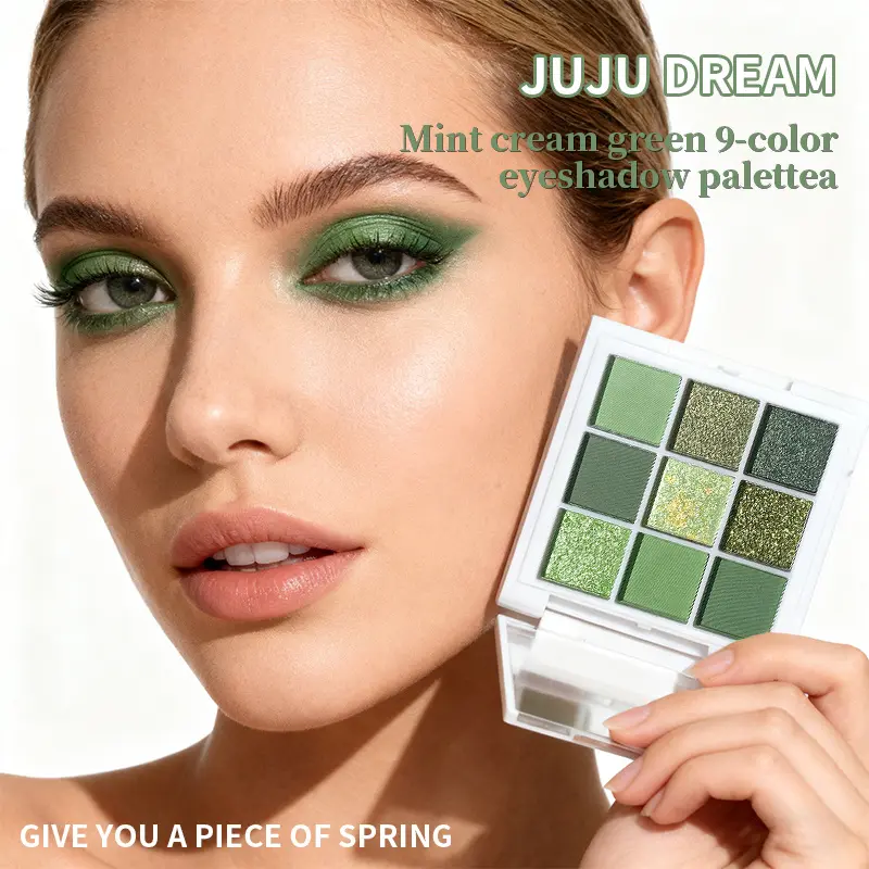 JUJU DREAM 9 Shades Mint Cream Green Eyeshadow Palette, Eye Makeup Products, Fresh Spring All-Green Tone System, Silky Blendable Pigment With Minimal Flyaway Powder, Create Fresh Daily Spring, Edgy Grunge Smoky Green & Dazzling Forest Glitter Eye Looks