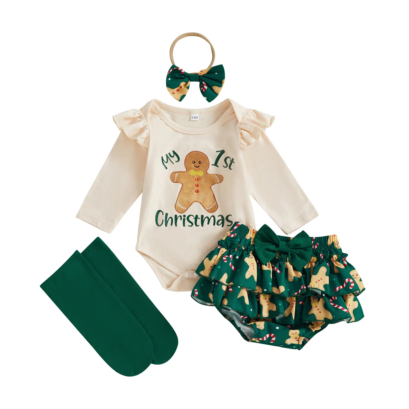Newborn Baby Girl My First Christmas Outfit Gingerbread Man Print Ruffle Long Sleeve Romper Bow Bloomers 4 Piece Clothes Set
