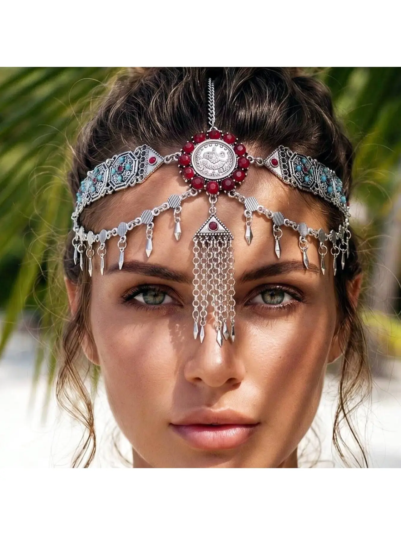 New style headwear European and American hot selling bohemian retro silver alloy rhinestone tassel forehead jewelry head chain for women