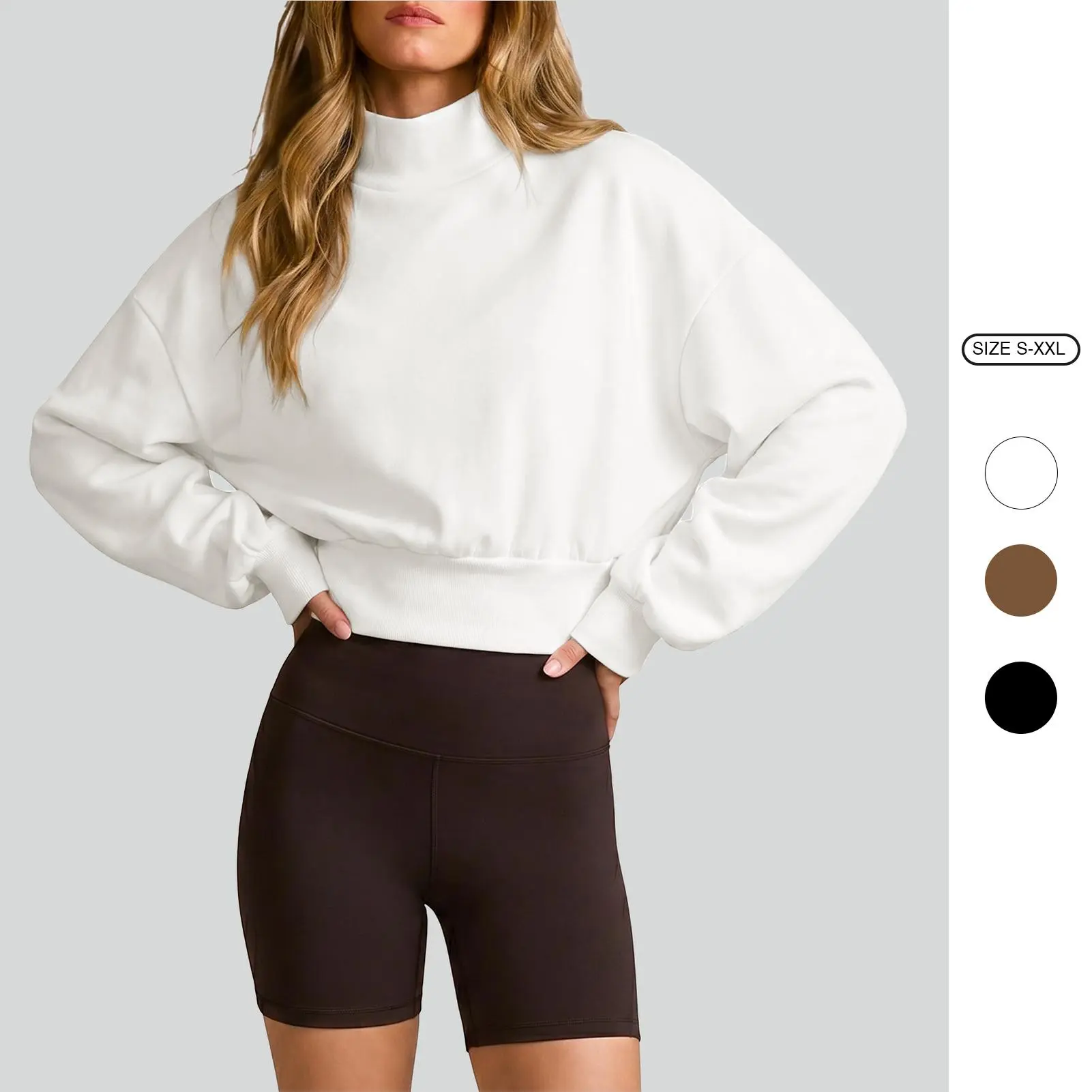 Imily Bela Women Oversized Mock Neck Cropped Sweatshirt Long Batwing Sleeve Soft Fleece Casual Workout Crop Top