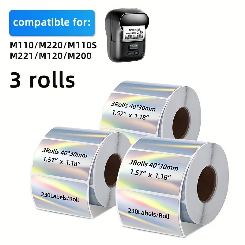 3 rolls holographic thermal labels, 40x30mm. Multi-purpose self-adhesive for designs, thank-you cards, addresses, QR codes, products, and packaging. PP material, compatible with portable printers.