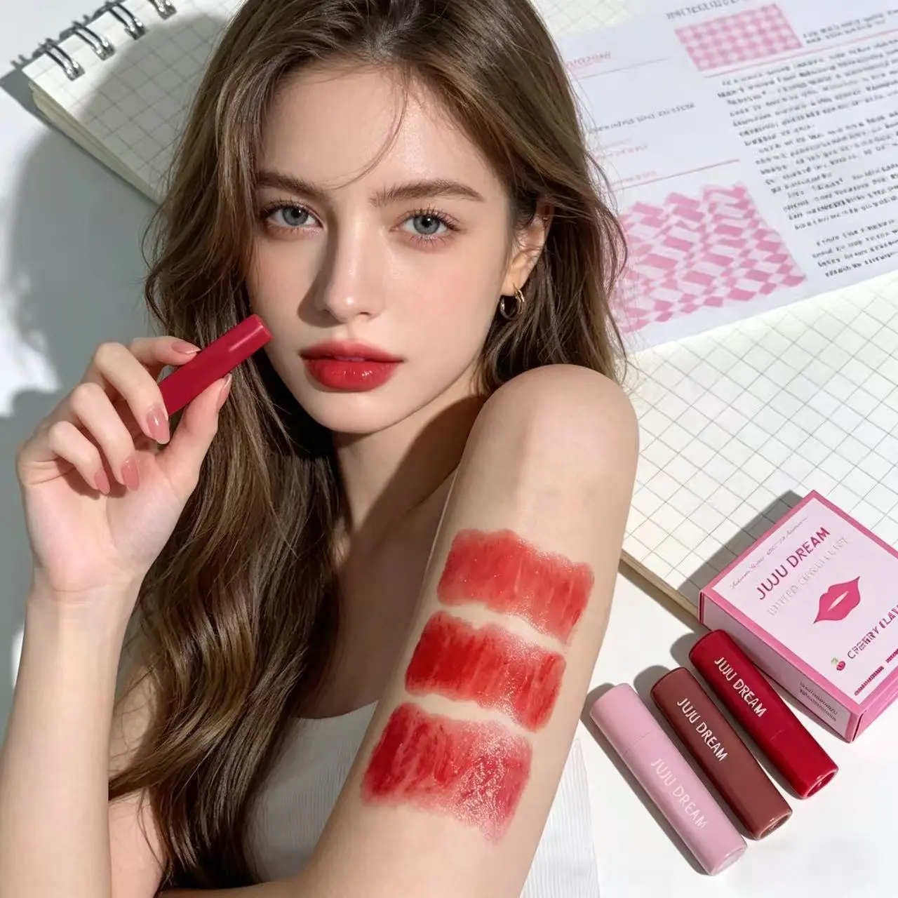 JUJU DREAM Cherry Flavor Tinted Lip Balm Gift Set, Ultra-moisturizing lightweight gel texture infused with nourishing care ingredients, delivers natural glass dewy lip glow without sticky heavy feeling, sheer buildable tint suitable for daily fresh makeup