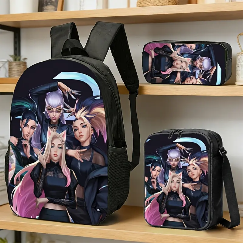 Black Backpack, Pencil Case & Lunch Bag with Vibrant Anime-Style Female Character Group Art |   High-Definition Print, Fade-Resistant, Suitable for Commuting, School, Casual Outings |   Material: Oxford, Brand: AIKY