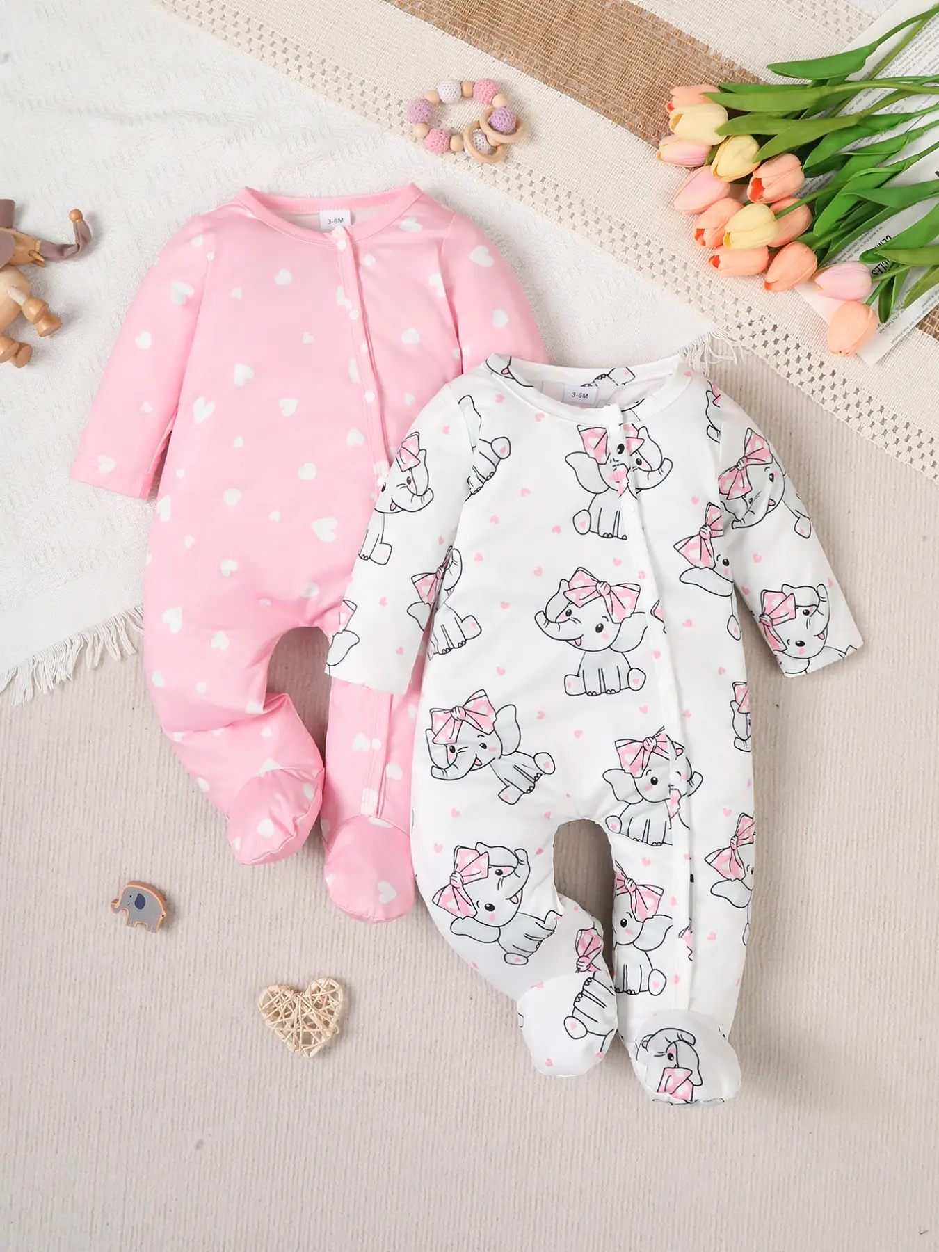 Baby Girls Cute Comfortable Footed Jumpsuit 2 Piece Set, Rompers Set, Elephant and Heart Pattern Long Sleeve, Ideal for Newborns and Walking Babies, Newborn Outfits, New Born Clothes