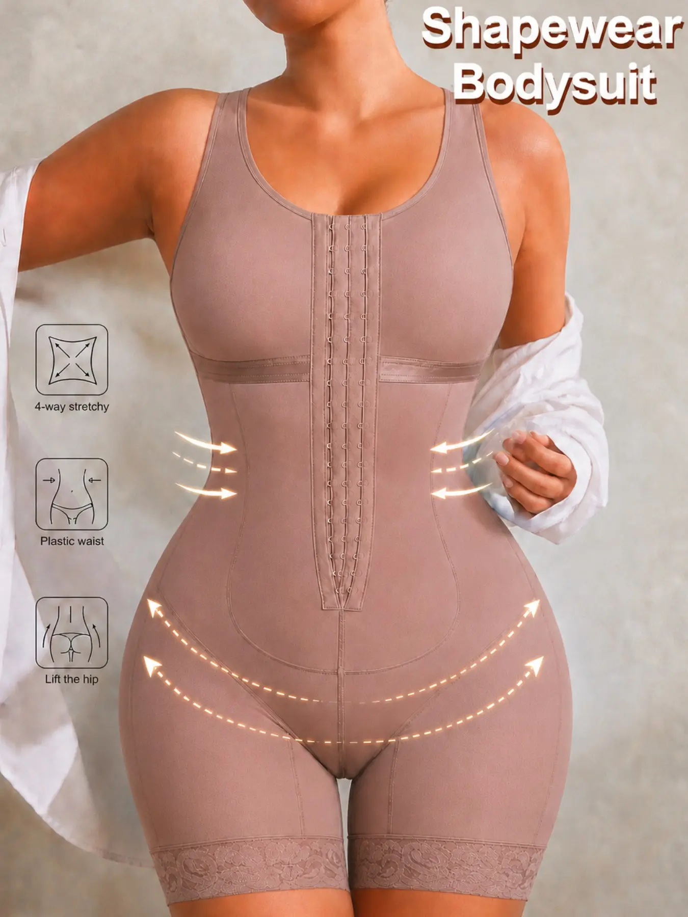 Women's Reflective Stripe Under Bust Bodysuit, Underwear, Colombian Shapewear, Fajas, Open Crotch Jumpsuit, 3-Row Hook High Compression Shapewear, Anti-Slip Lace Trimmed Body Shaperwear