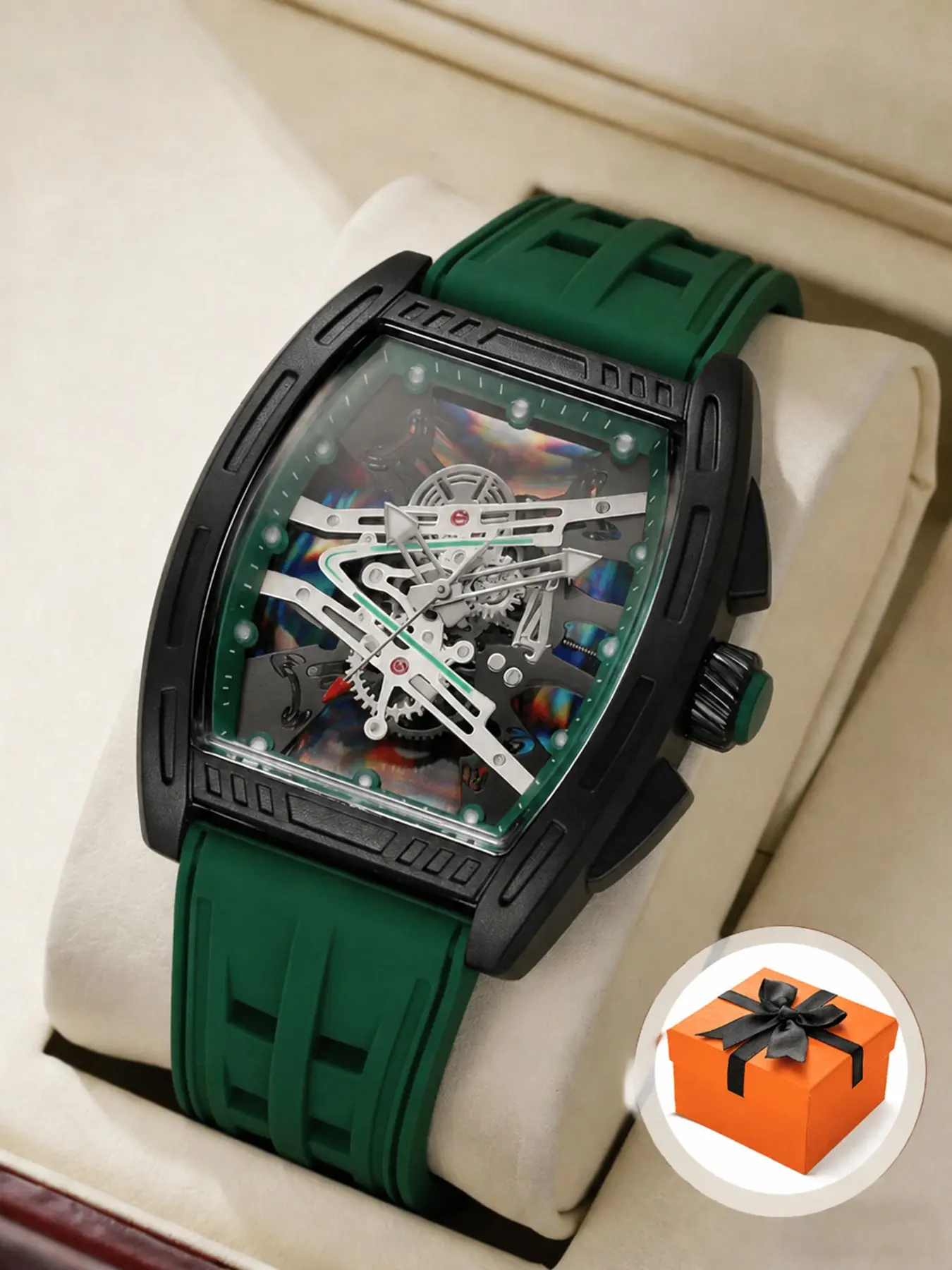 Men's Bucket Watch with Silicone Strap, Quartz Movement, Casual Style, Analog Face, All Seasons, Includes Gift Box