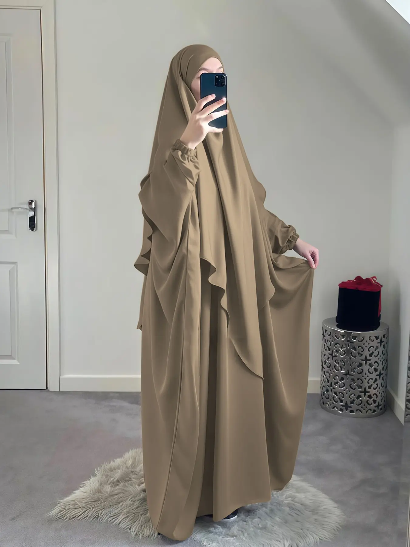 2-Piece Khimar + Abaya Set, Soft Muslim Prayer, Modest Muslim Outfits, Elegant Nida Single Layer Hijab, Long Sleeve Loose Fit, All Seasons Fashion
