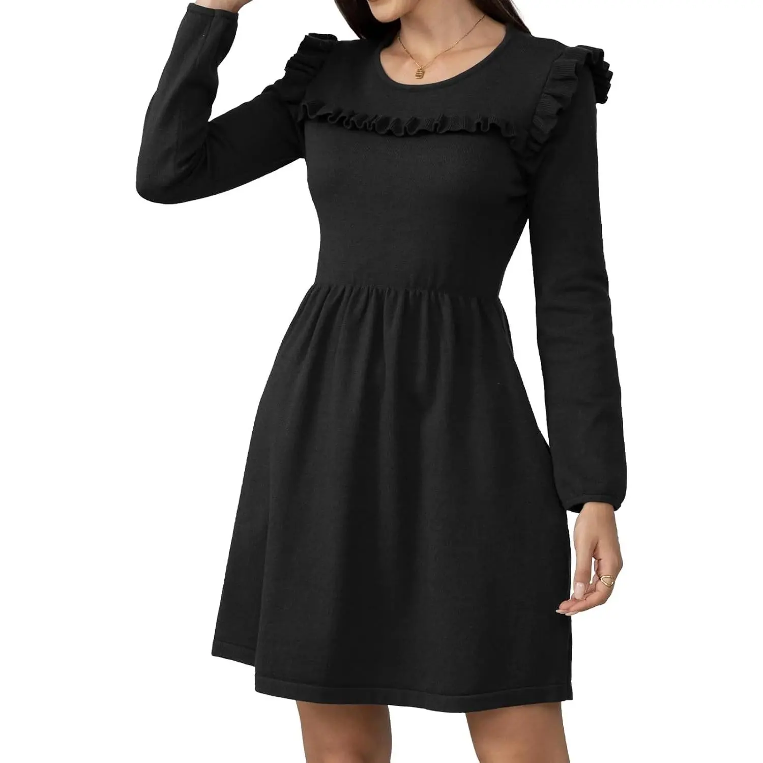 Women's Thick Winter Sweater Dress Elastic Waist Pocket Ruffle Shoulder 2025 Long Sleeve Business Casual Dress