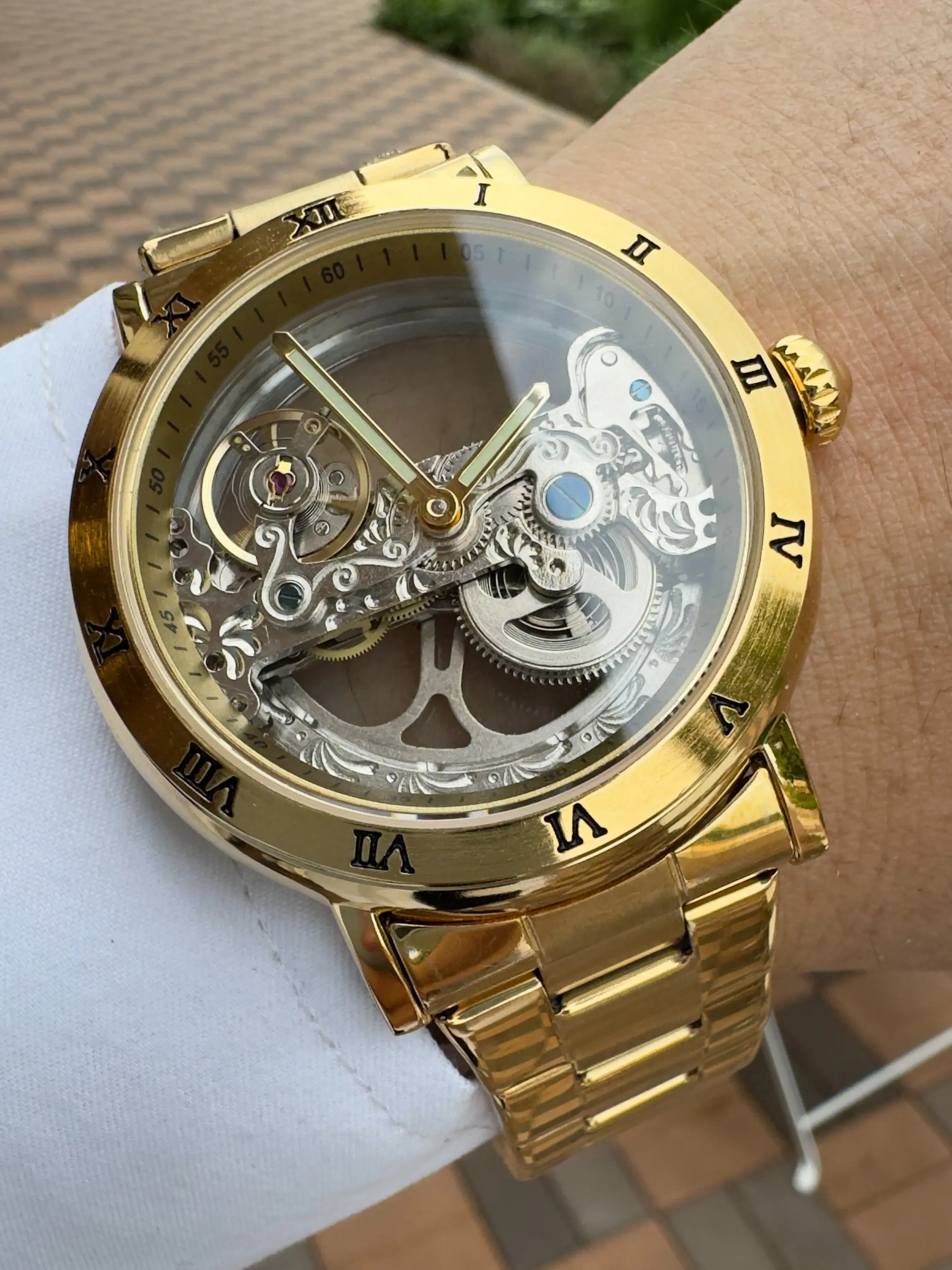 1pc Luxury Skeleton Automatic Mechanical Watch Luminous Hands Top Brand Stainless Steel Strap Business Retro Mens Watches Festival Birthday Gifts With Box