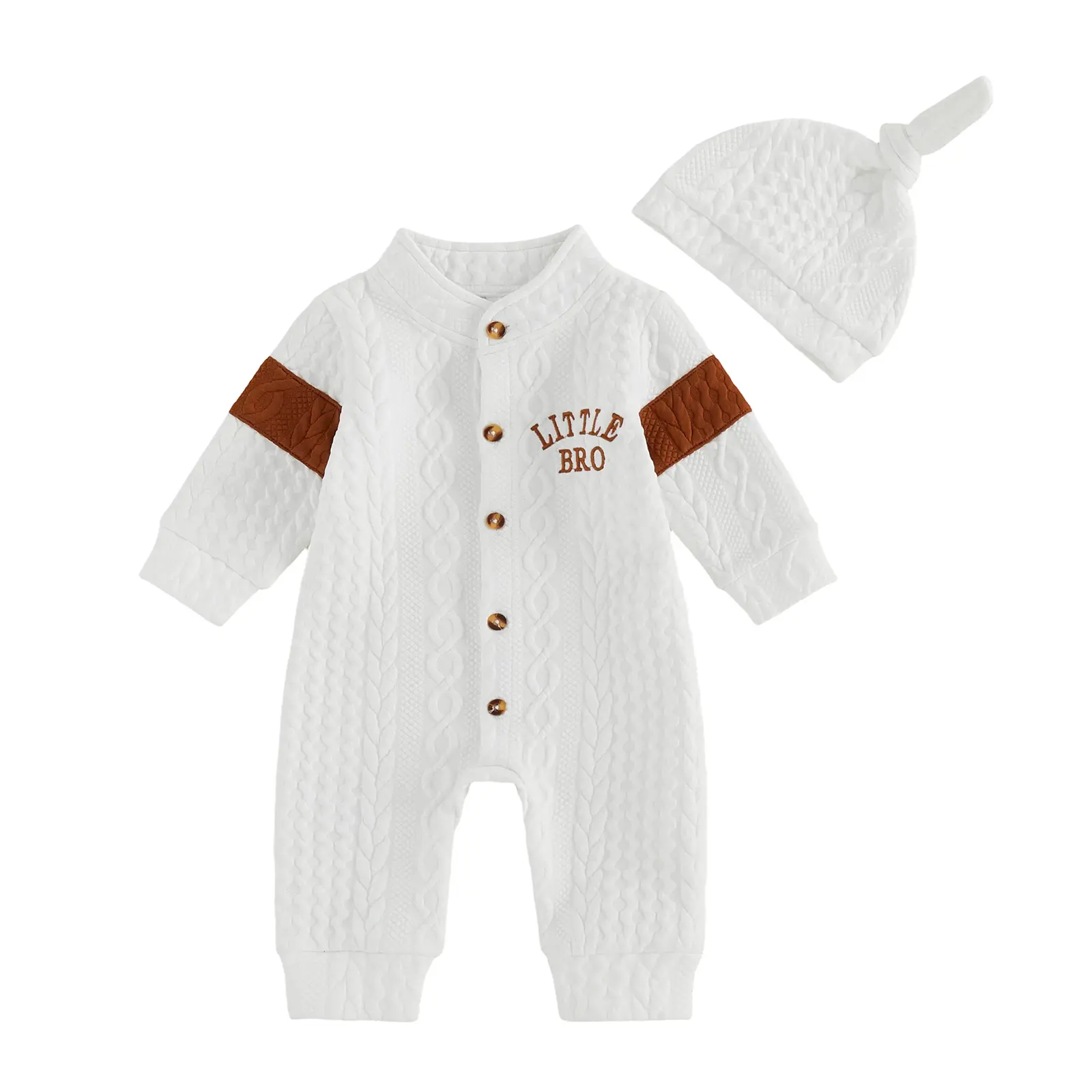 Infant Baby Boy Fall Outfits Textured Contrast Letter Embroidered Long Sleeve Button-up Romper and Hat Set 0-18 Months