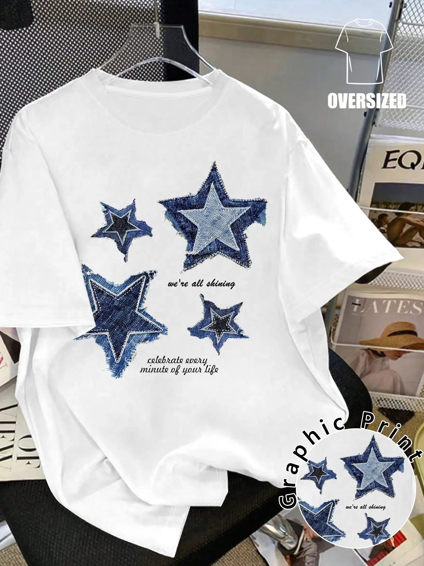 Unisex Oversized Star Denim Print Short Sleeve Tee, Casual Graphic T Shirt, for Street Daily Vacation Top