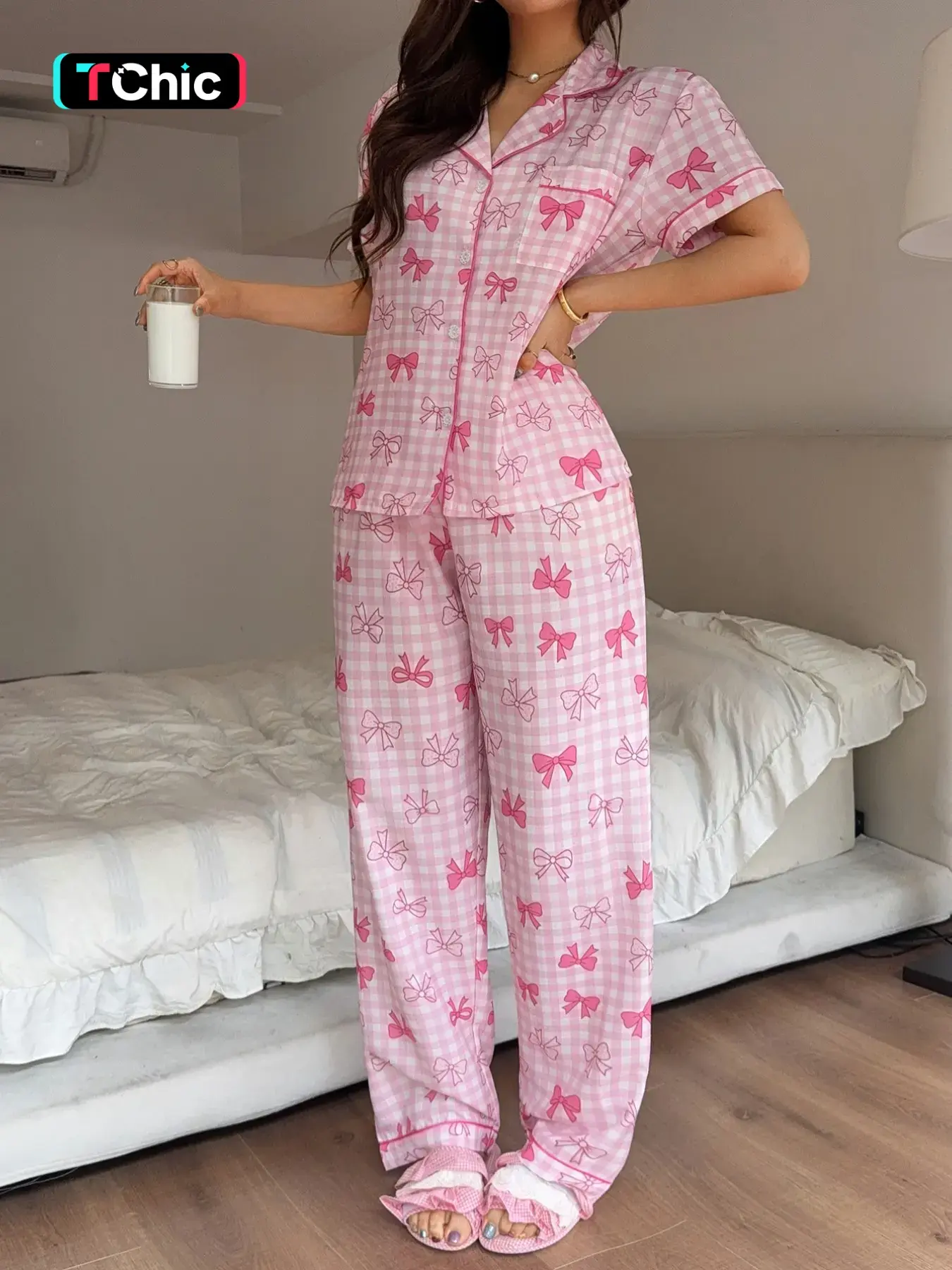 Women's Two-Piece Cute Pajama Set, Plaid Bow Print Collared Short Sleeve Top and Bow Pants, Casual Fitted Sleepwear for Home Use, Loungewear, Lounge Pjs Set