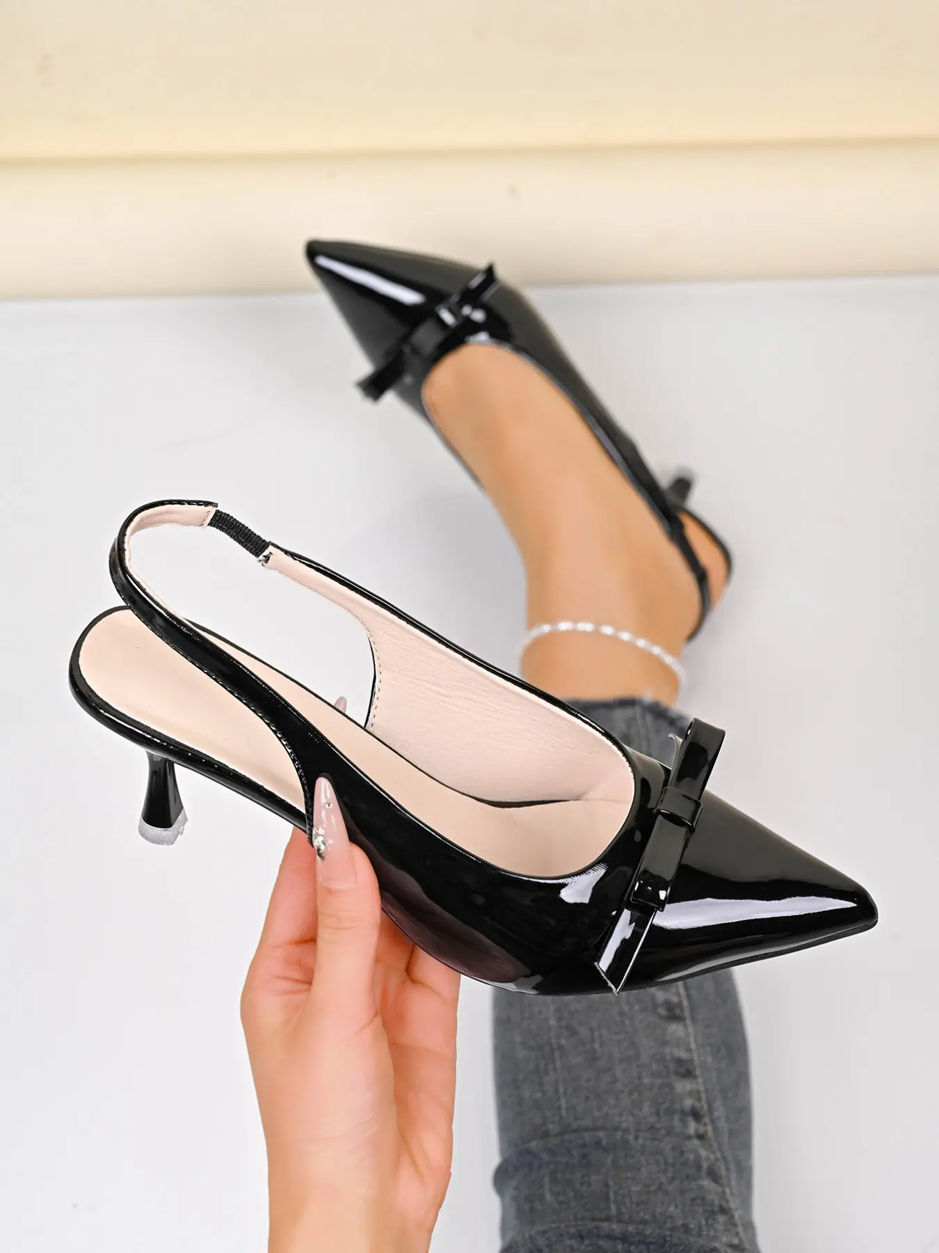 Women's Pointed Toe Backless Thin Heel High-Heeled Shoes, Glossy Leather Bow Tie Slip-On Single Shoe for Commuting & Professional Wear