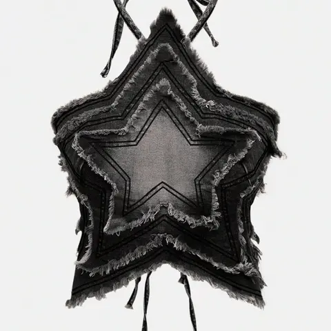 Y2K Sexy Five-Point Star Distressed Denim Halter Top, Backless Design, Boho Style Cami, Perfect for Summer & Casual Wear