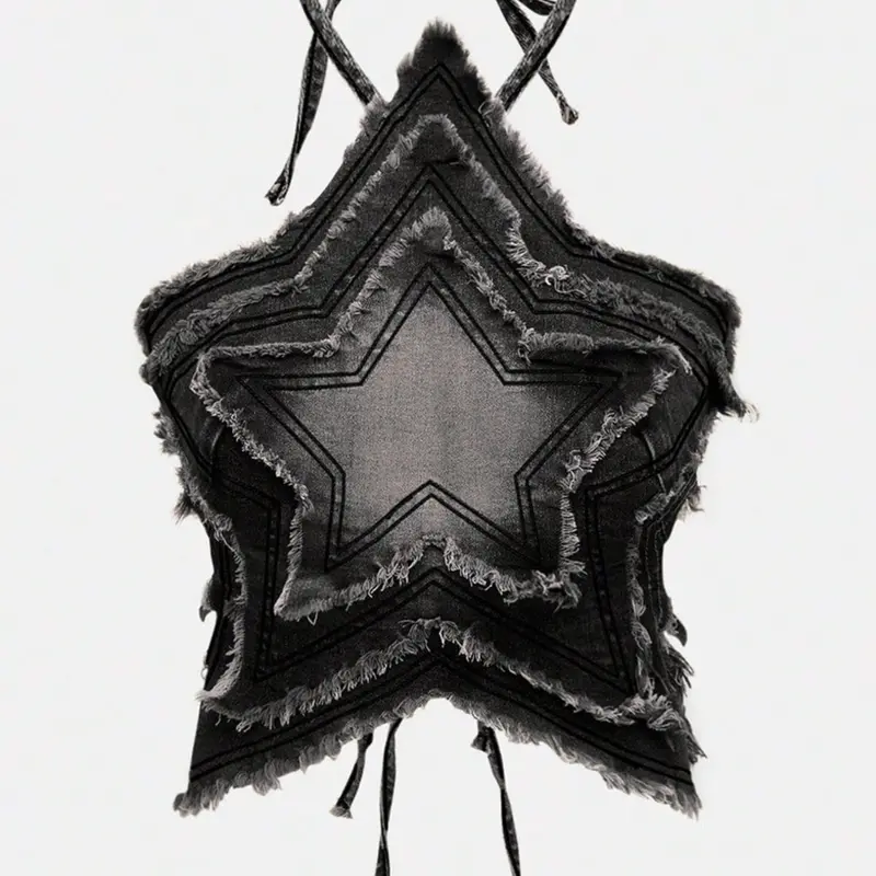 Y2K Sexy Five-Point Star Distressed Denim Halter Top, Backless Design, Boho Style Cami, Perfect for Summer & Casual Wear