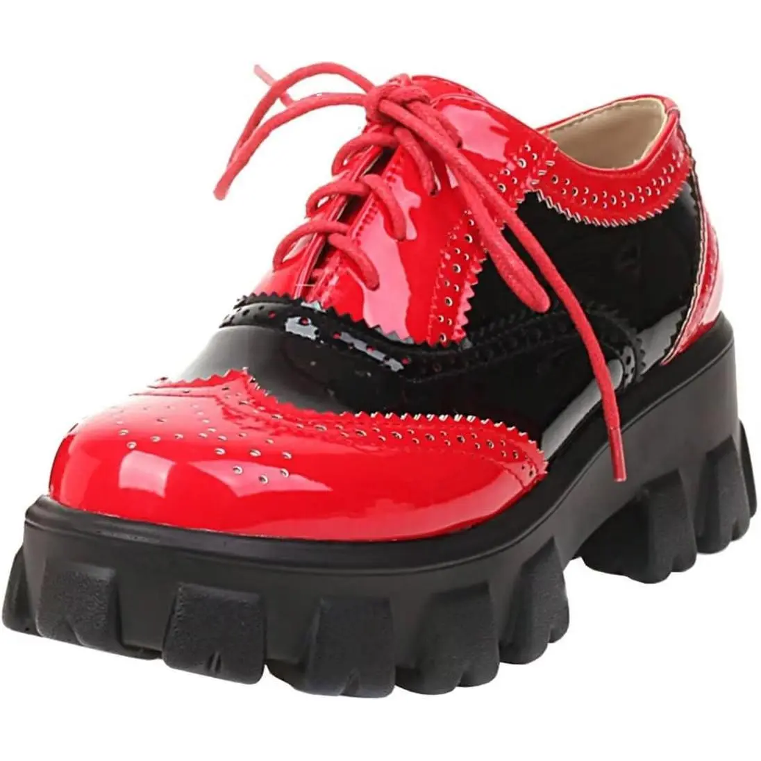 Women's Lace up Wingtip Oxford Shoes Chunky Heel Platform Vintage Round Toe Brogue Shoes