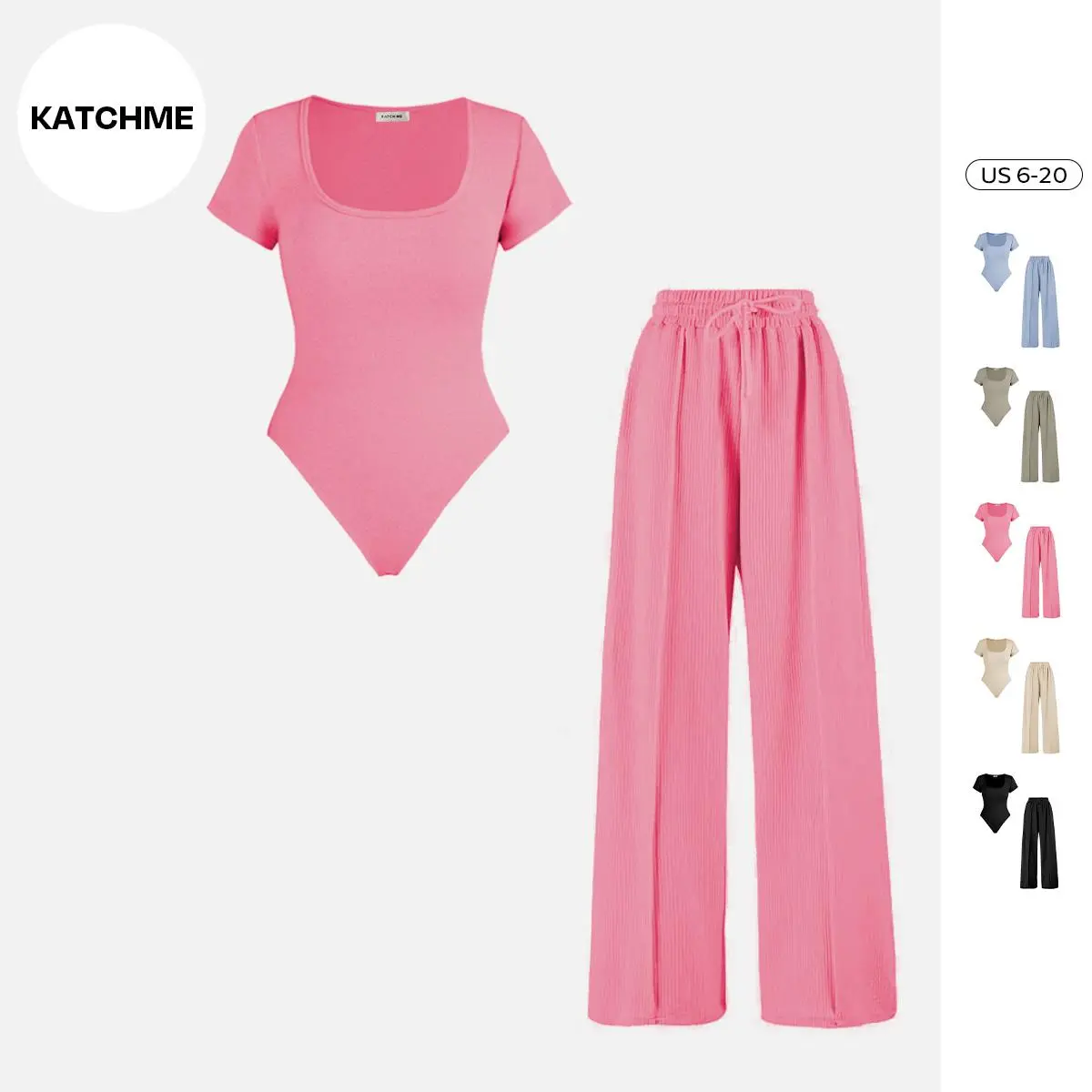Katch Me Chic(US)Women's Minimalist Square Neck Bodysuit & High Waist Wide Leg Trousers Co-ord, Shapewear Bodysuit, Casual Two-piece Outfit for Womenswear