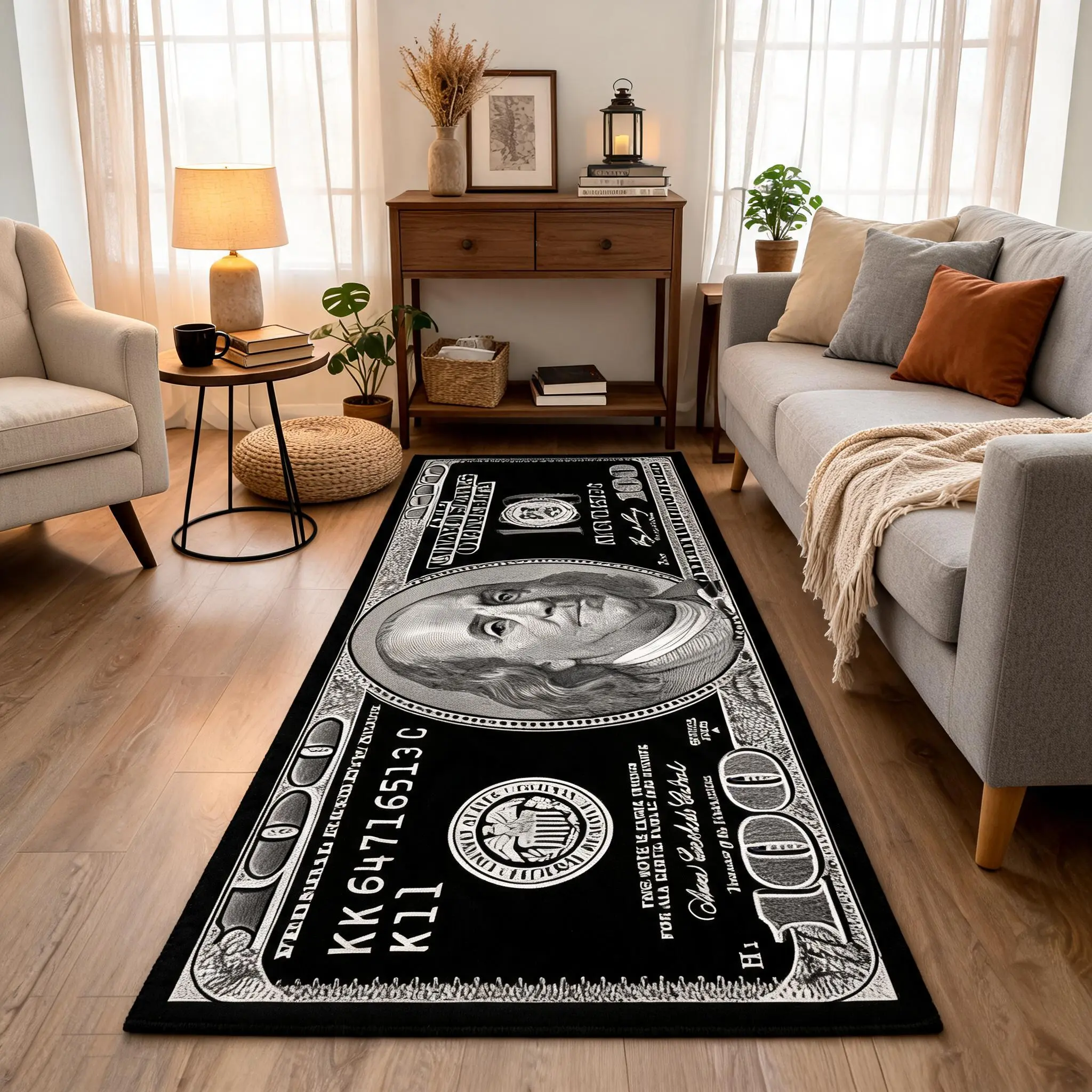 100 Dollar Bill Pattern Design Decorative Area Rug, 1 Count Non-Slip Home Decor Runner Rug, Machine Washable, Soft Comfortable Floor Mat for Corridor, Kitchen and Bedroom, Multiple Sizes Available