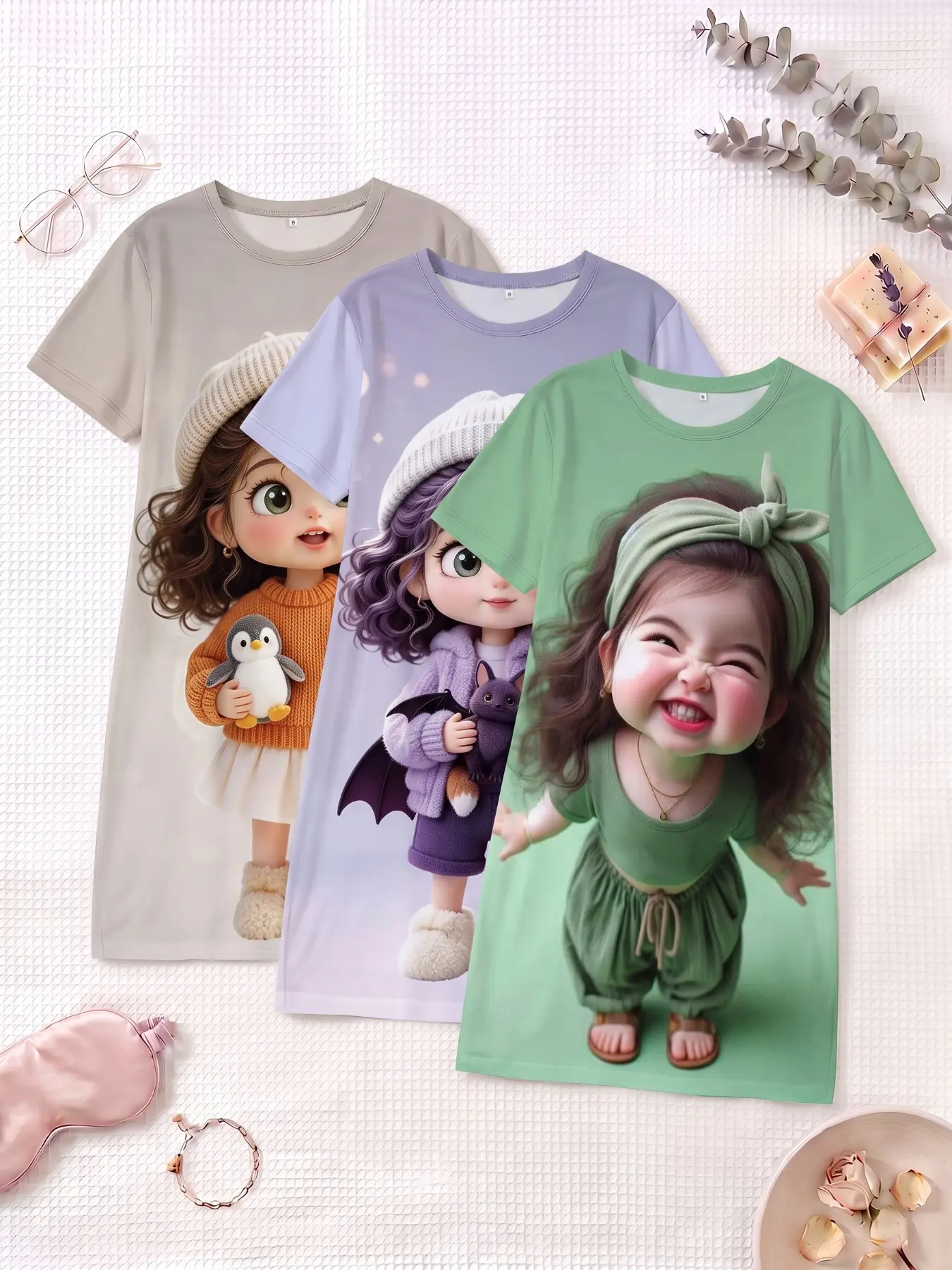 3-Piece Set Cute Doll Print Nightgowns, Short Sleeve Round Neck Women's Pajamas, Loose-Fit Home Wear for Spring Summer Fall